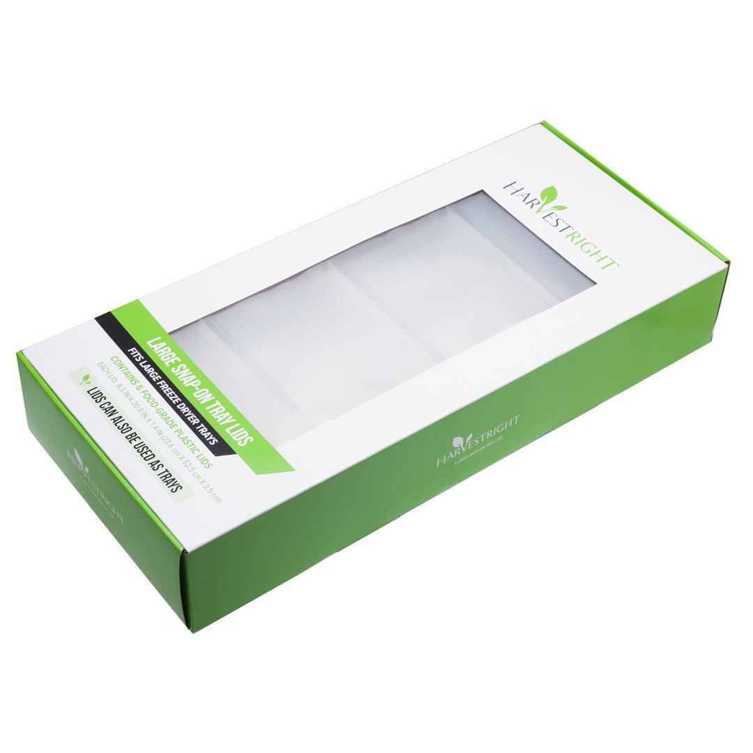 Set of 6 large clear plastic tray lids snapping securely onto Harvest Right freeze dryer trays, durable and food-grade.