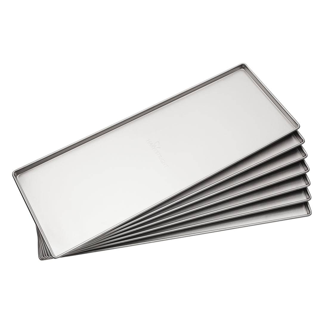 Set of 7 extra large stainless steel freeze dryer trays measuring 10.9 by 29.5 inches