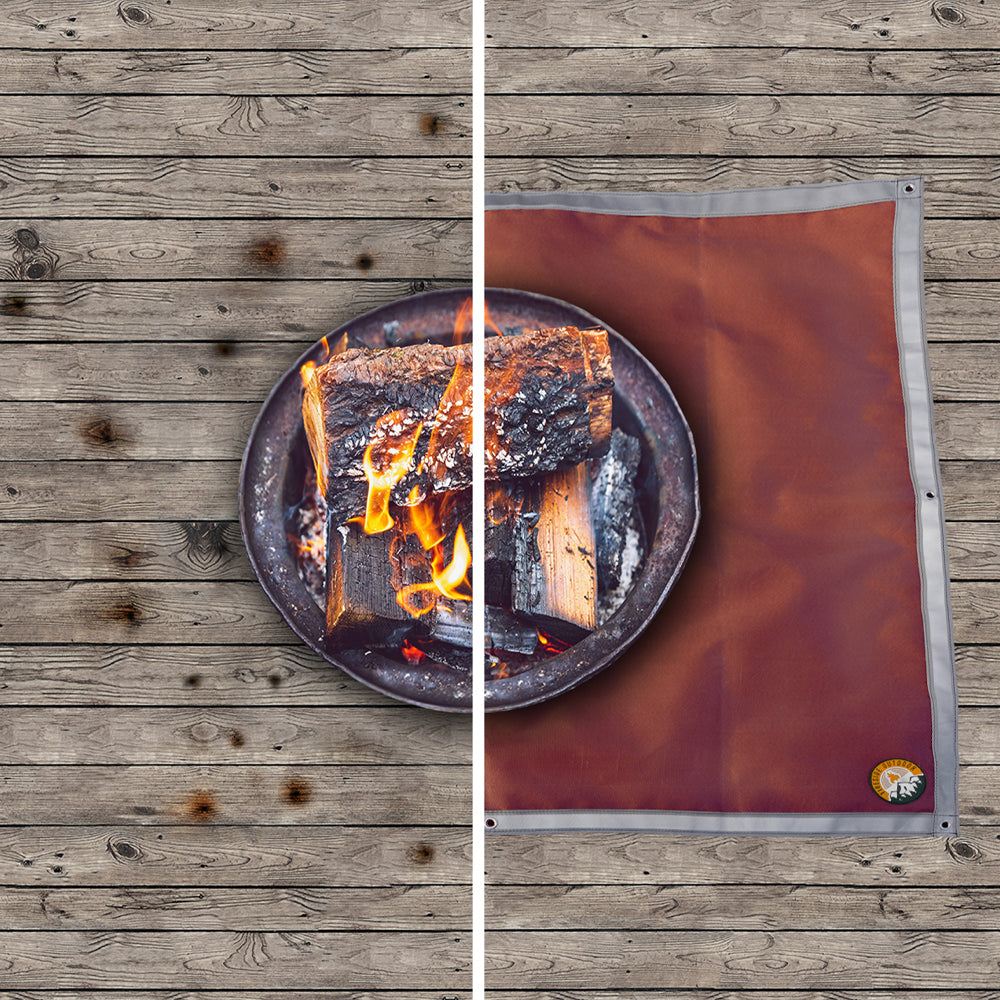 Ground Ember Mat protecting patio from embers and grease with fire-resistant silicone coating and reflective edging
