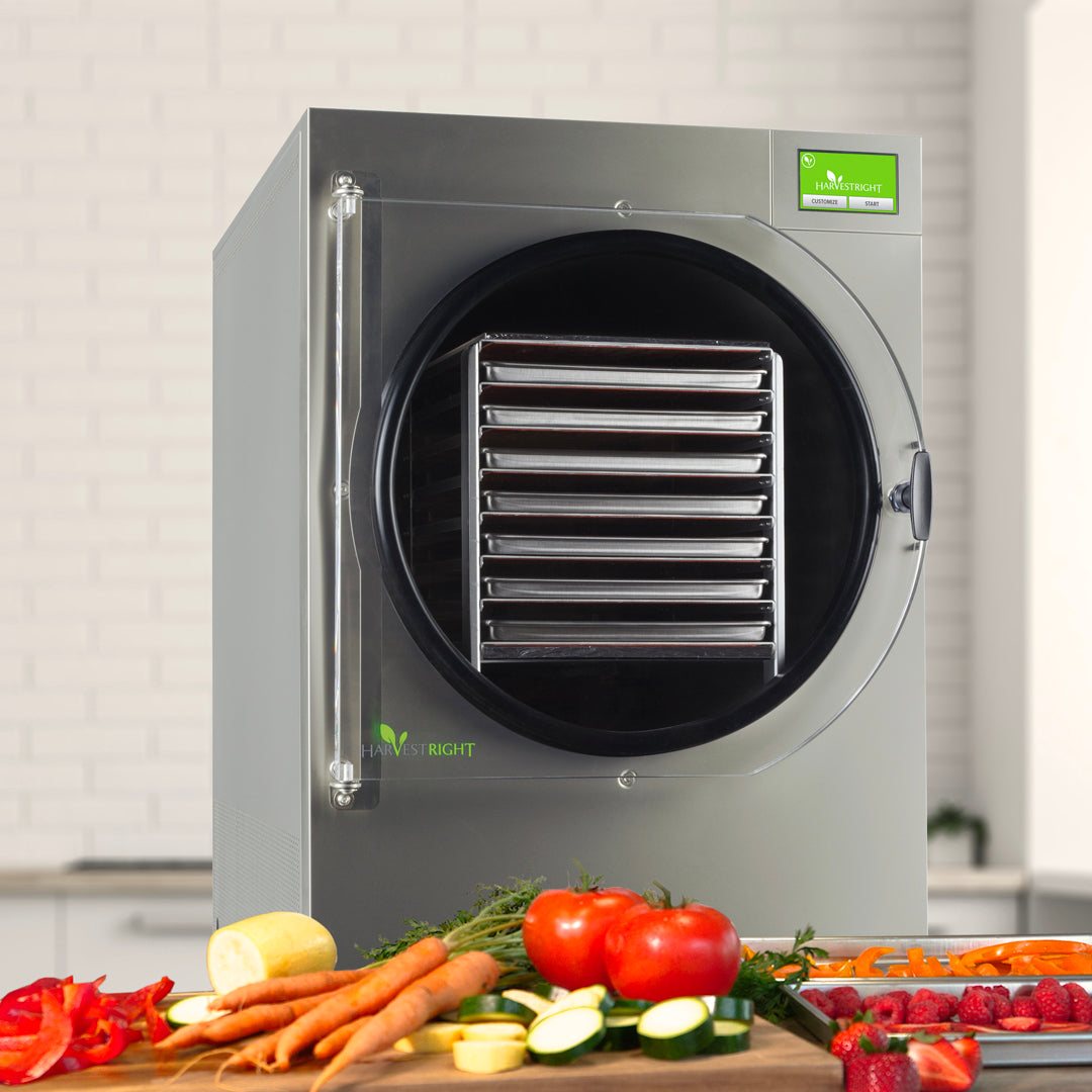 X-Large stainless steel home freeze dryer with multiple trays and industrial vacuum pump for high-volume food preservation