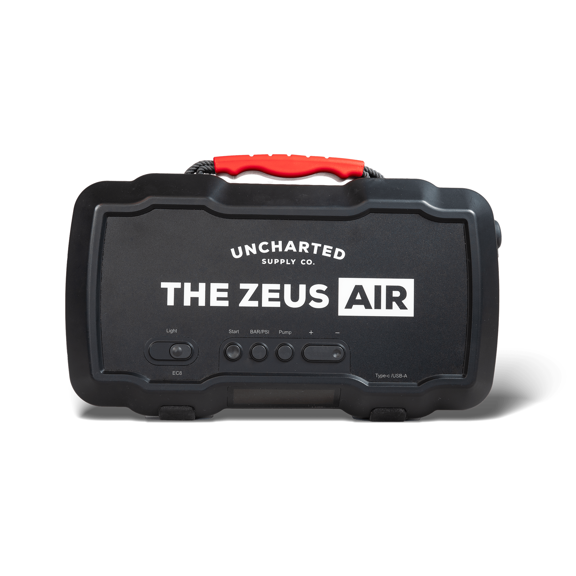 Compact Zeus Air Jump Starter with 150 PSI inflator, LED light, USB ports, and jump cables in rugged case