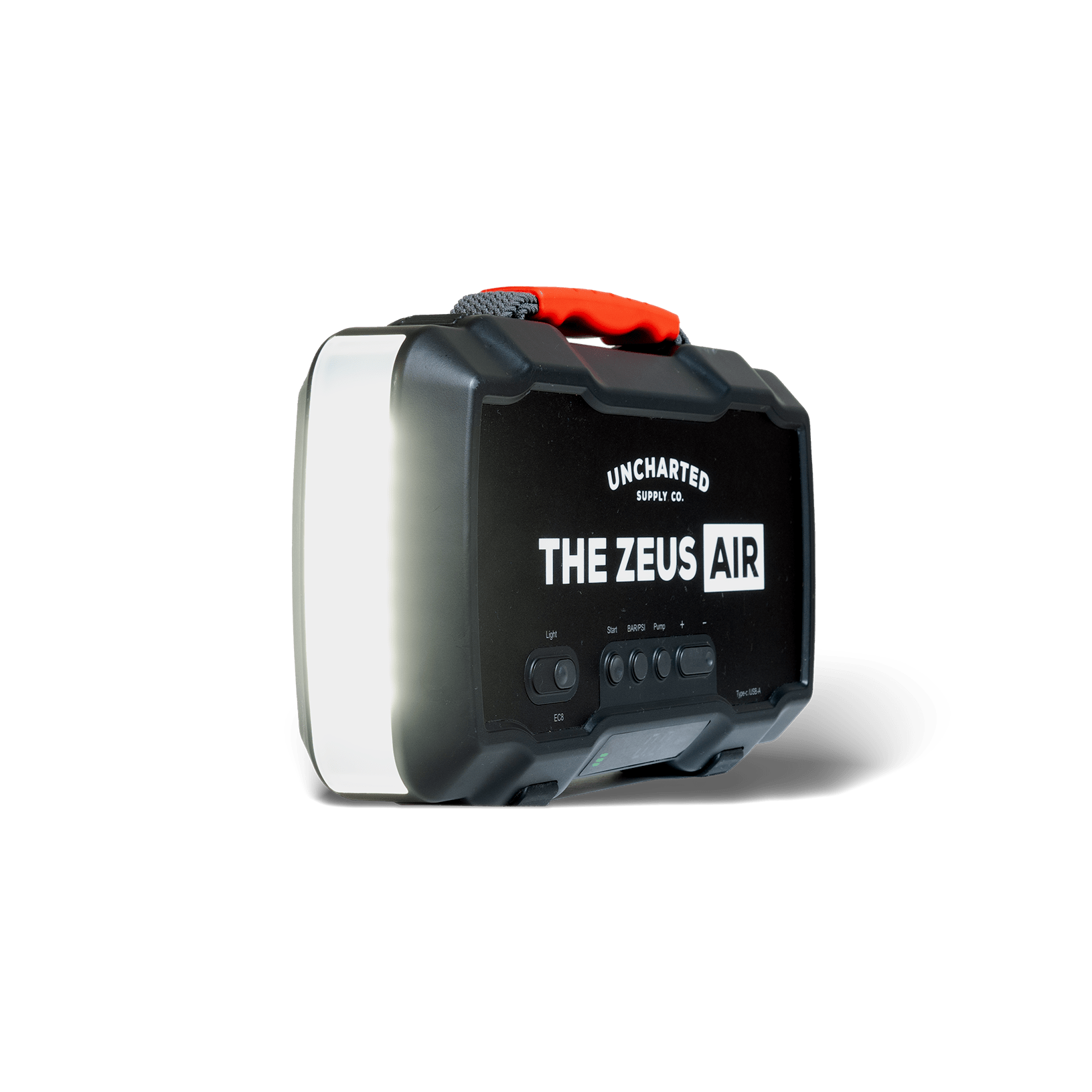 Compact Zeus Air Jump Starter with 150 PSI air inflator, 15,000 mAh battery, USB-C/A ports, and LED emergency light in rugged case