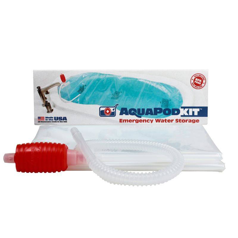 AquaPodKit emergency water storage system with tub liner, pump, and tie clamps in bathtub