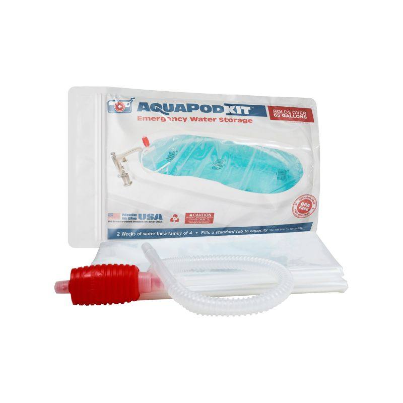 AquaPodKit emergency water storage system with BPA-free tub liner, tie clamps, and manual pump in bathtub