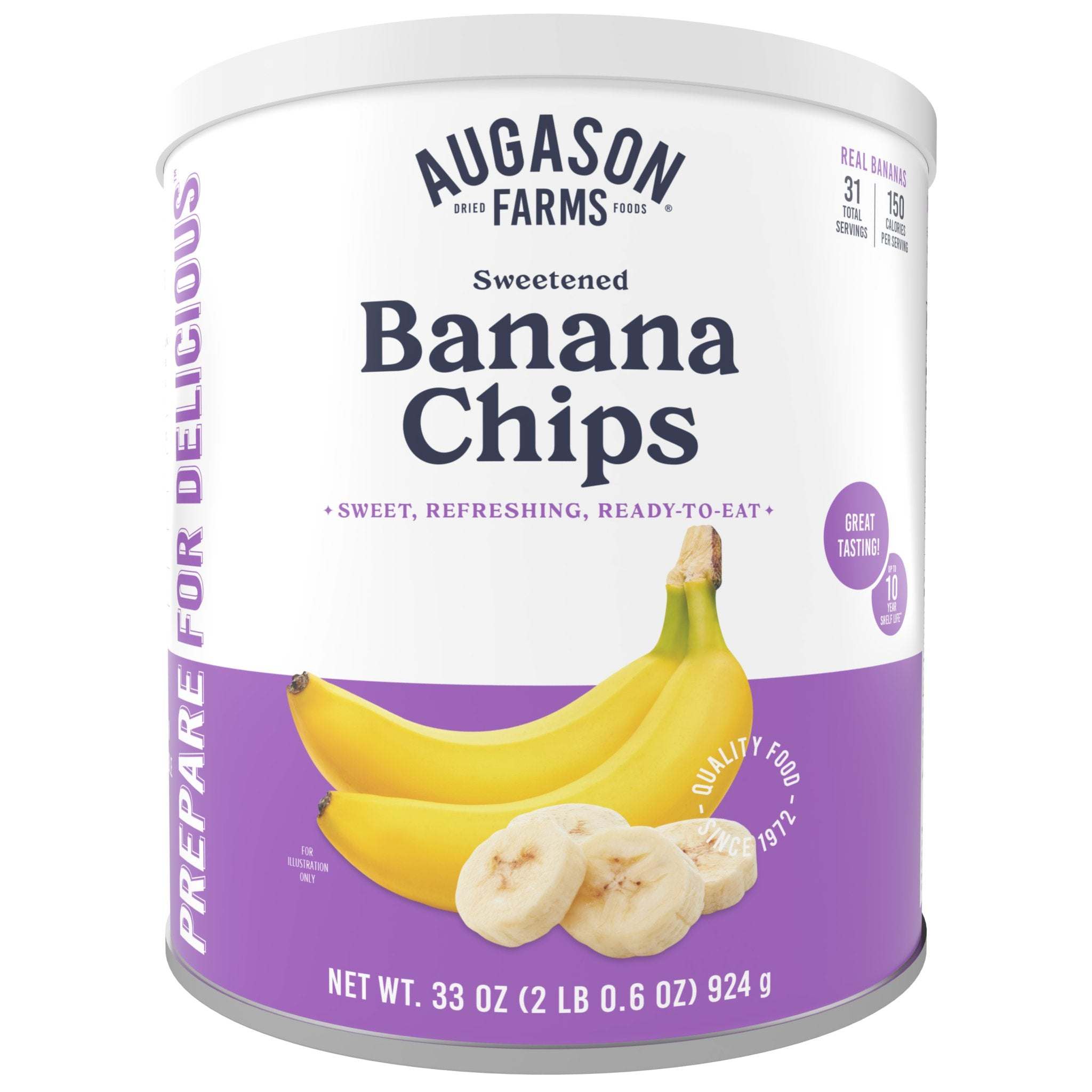 Can of sweetened banana chips, 31 servings, ready-to-eat snack