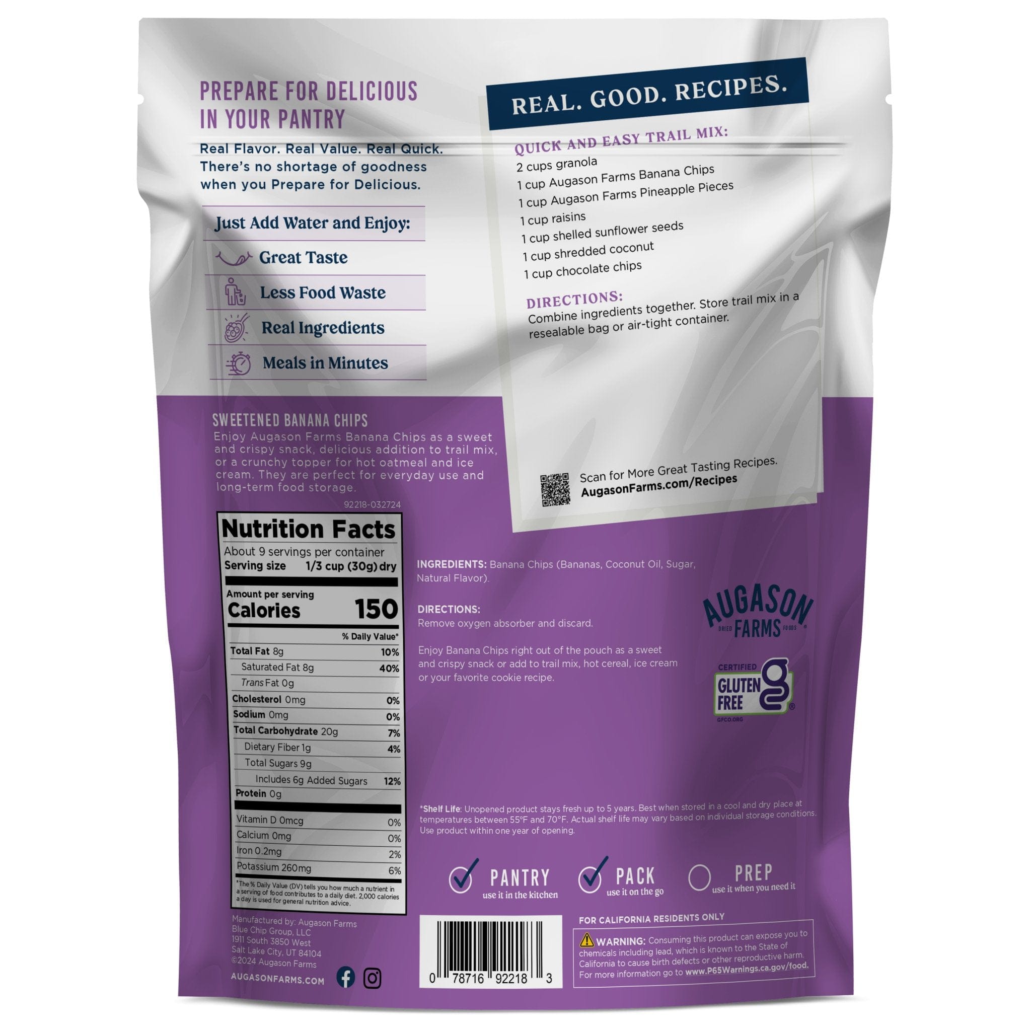 Augason Farms Sweetened Banana Chips Pouch, 9 Servings Sweetened Banana Chips Pouch - 9 Servings