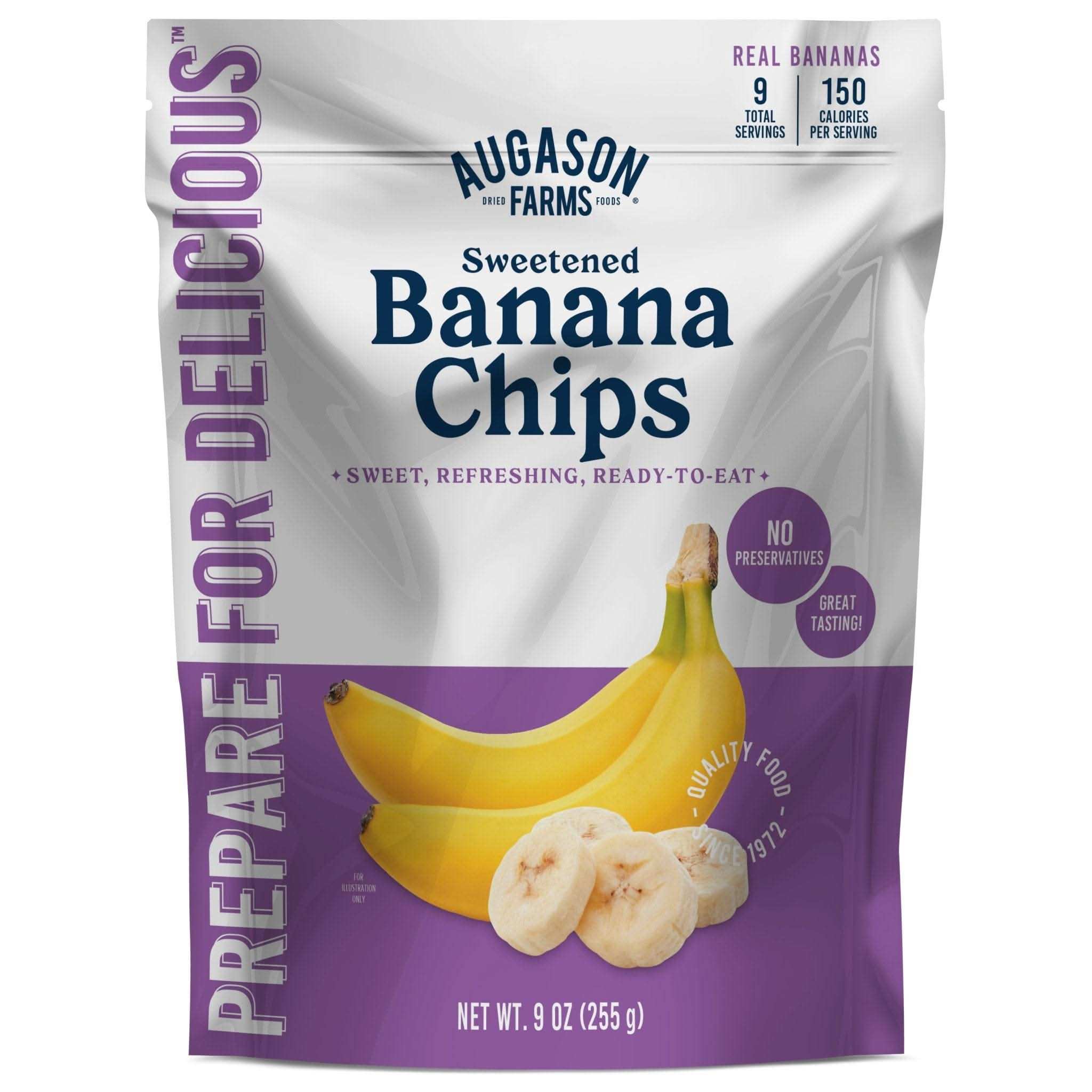 Pouch of Augason Farms sweetened banana chips, 9 servings, ideal for snacks and emergency storage