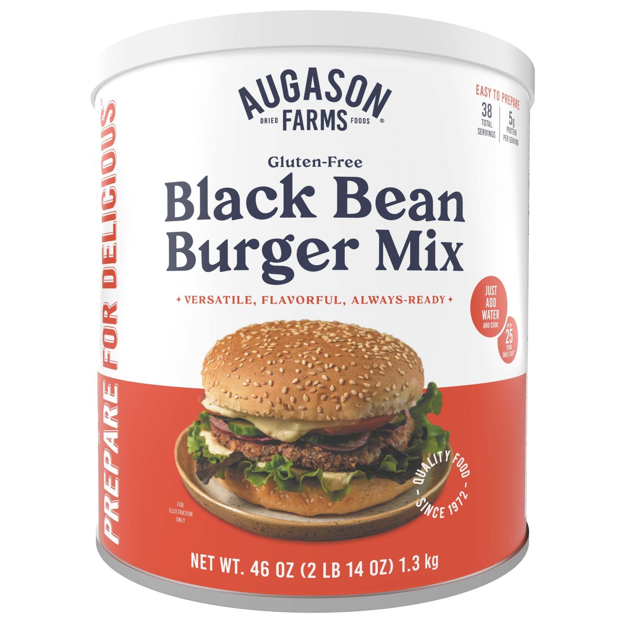 Can of Augason Farms Gluten Free Black Bean Burger Mix with nutritious protein-rich label