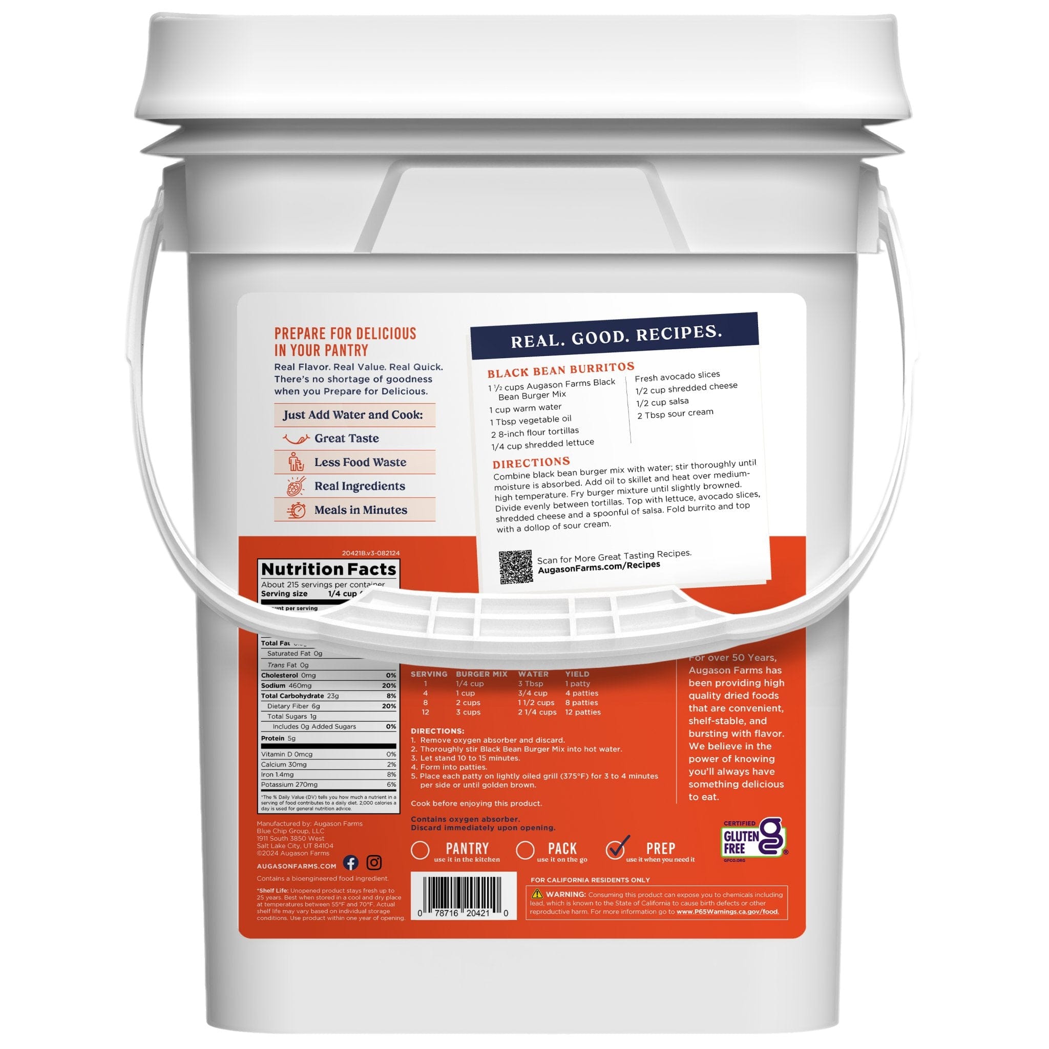 Augason Farms Gluten Free Black Bean Burger Mix 4 Gallon Pail, 215 Servings Gluten Free Black Bean Burger Mix Pail - 215 Servings