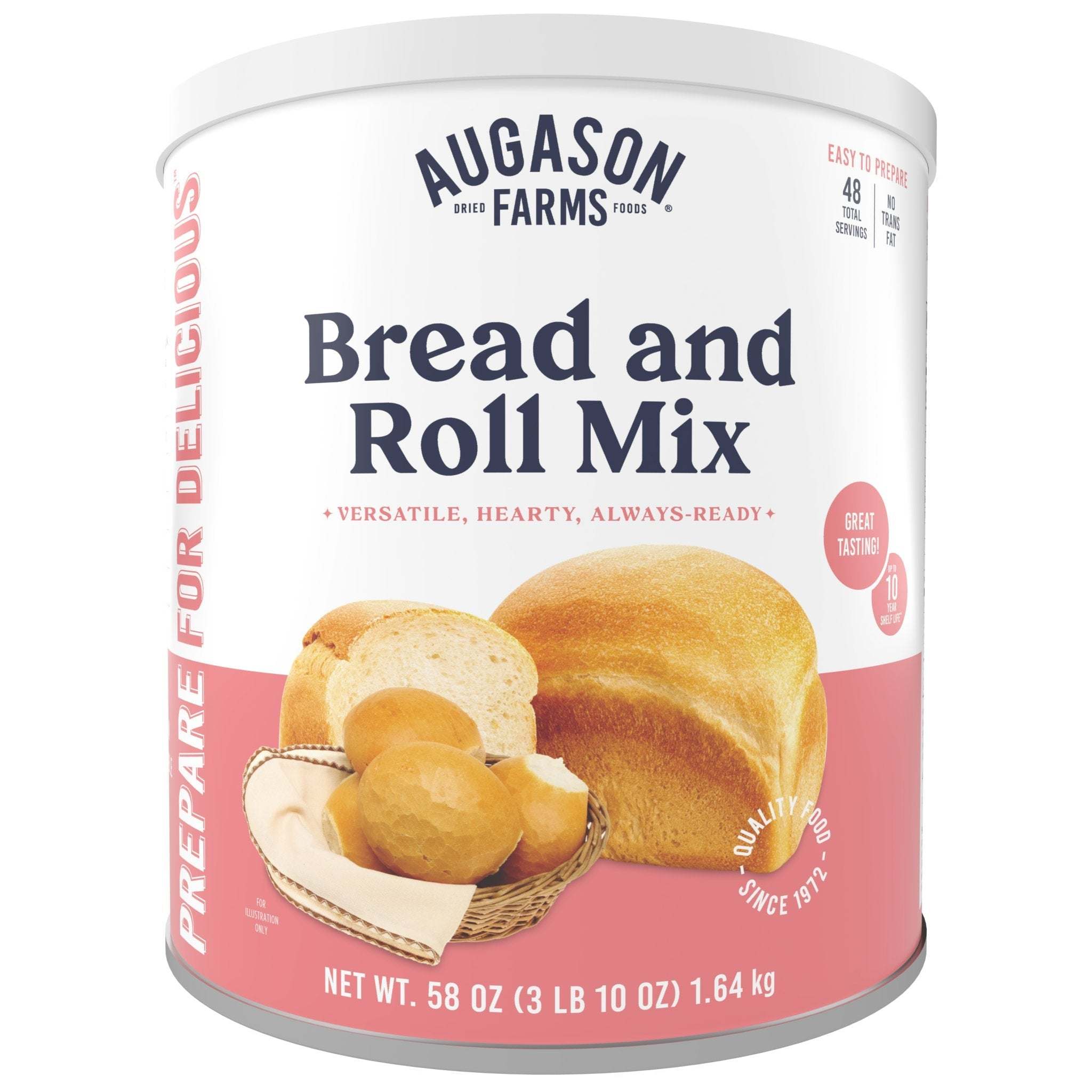 Bread and Roll Mix can for 48 servings with recipe instructions on label