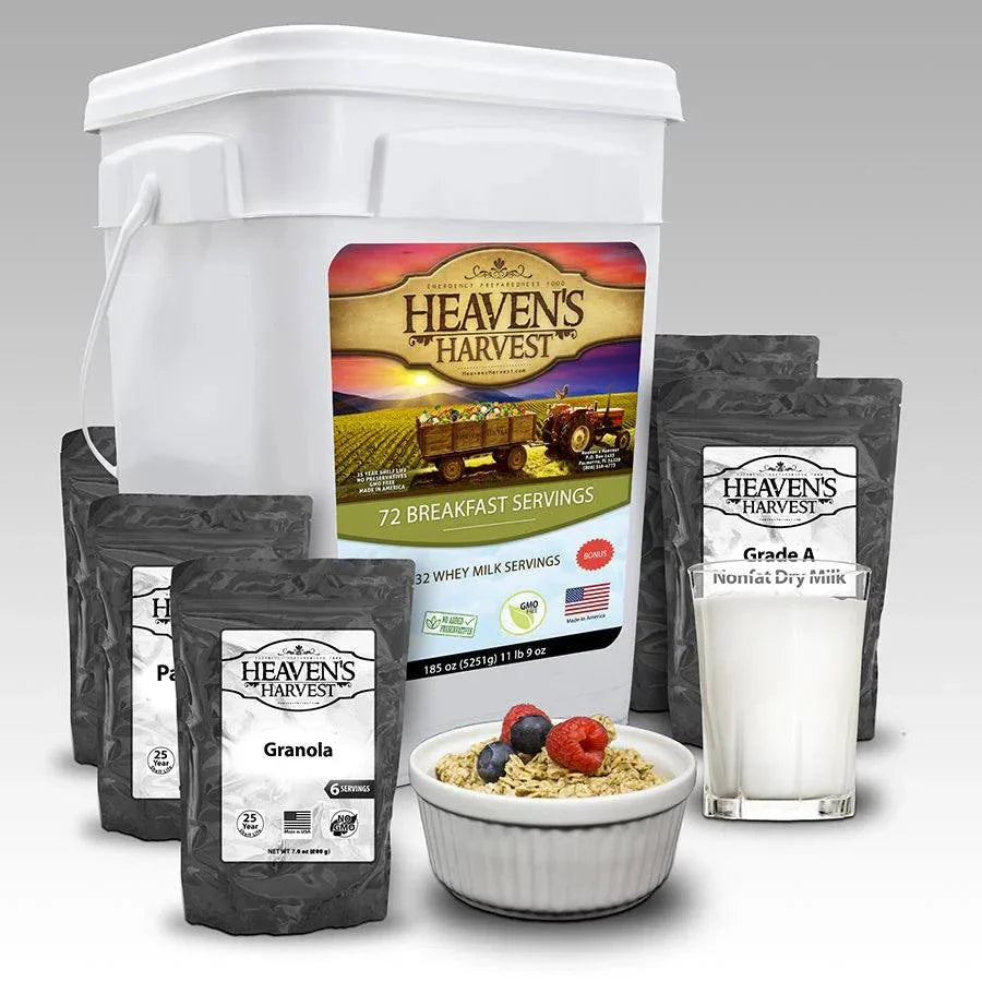 Three stacked buckets of Heaven's Harvest 1 Month Combo Kit emergency food storage kits designed for long-term preparedness