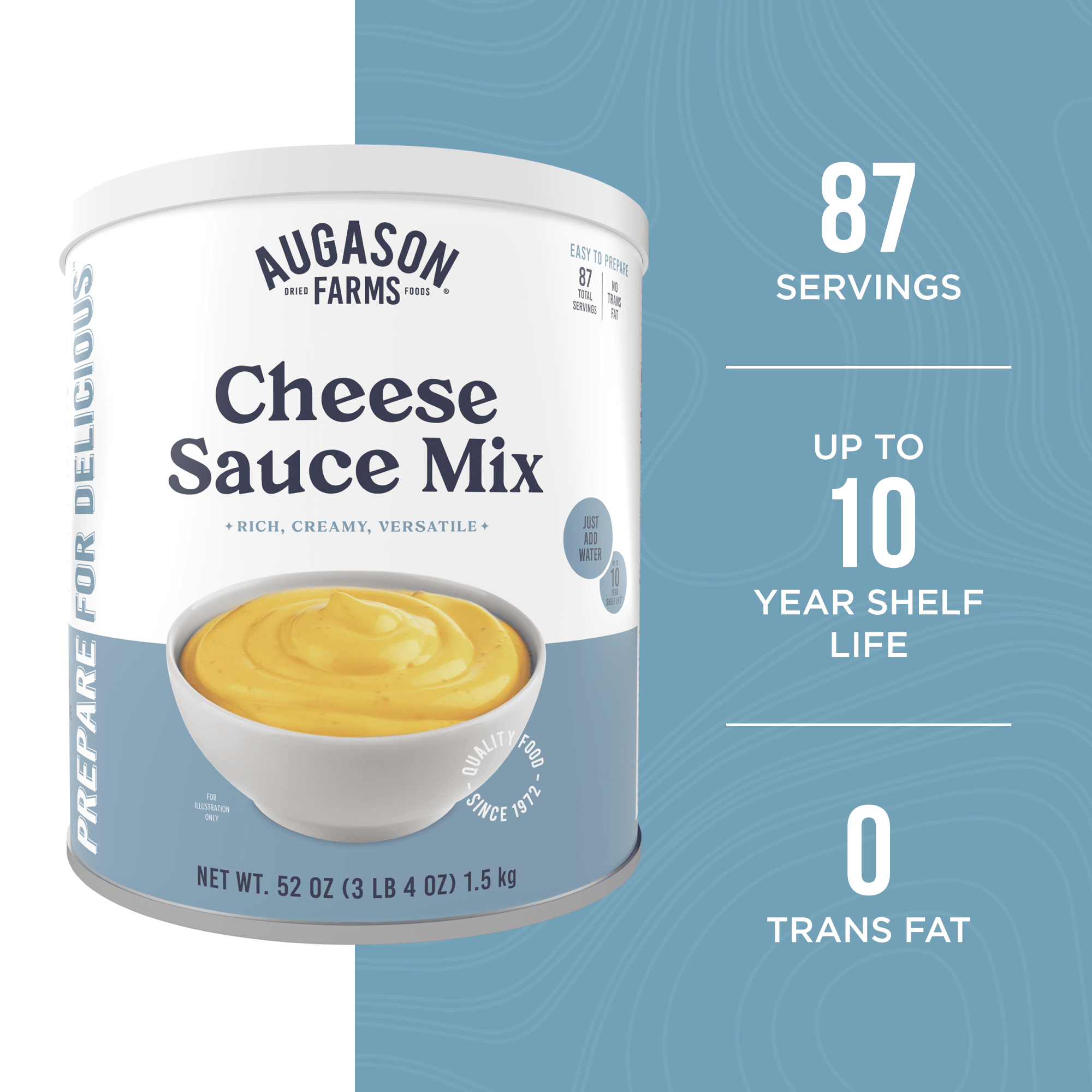 Can of cheese sauce mix with 87 servings, gluten-free and easy to mix with water for dips and pasta