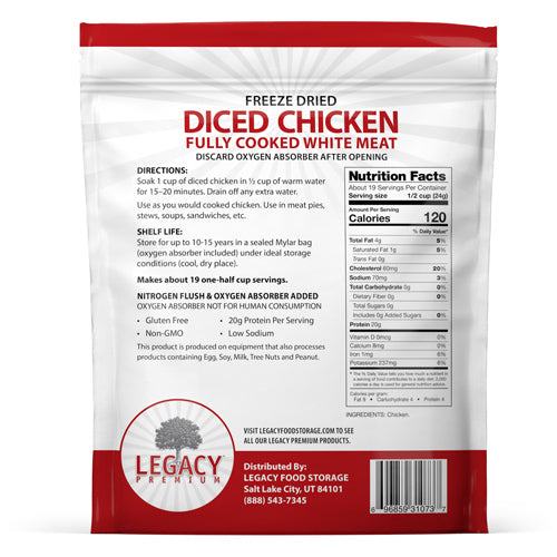 Package of 100% USDA freeze dried chicken dices for emergency food storage