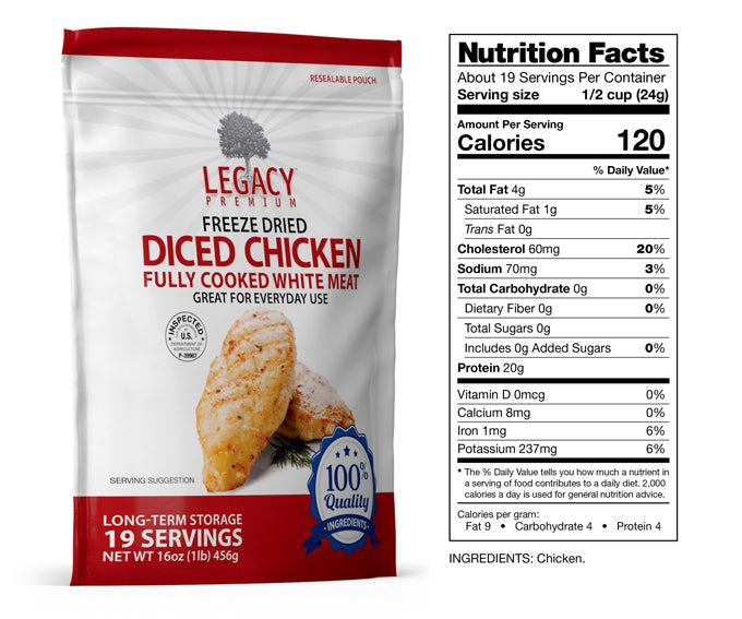 Package of 100% USDA freeze dried chicken dices in resealable bag for long-term food storage
