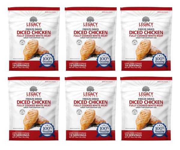 Package of 100% USDA freeze dried chicken dices in resealable bag for emergency food storage