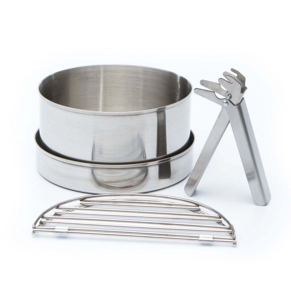 Stainless steel cook set with pot, lid frying pan, grill pieces, and gripper handle for outdoor camping cooking