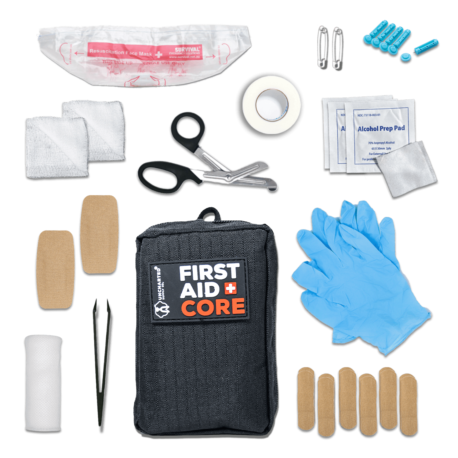 Compact First Aid Core kit with essential medical supplies, water-resistant case, and organized compartments for emergencies.