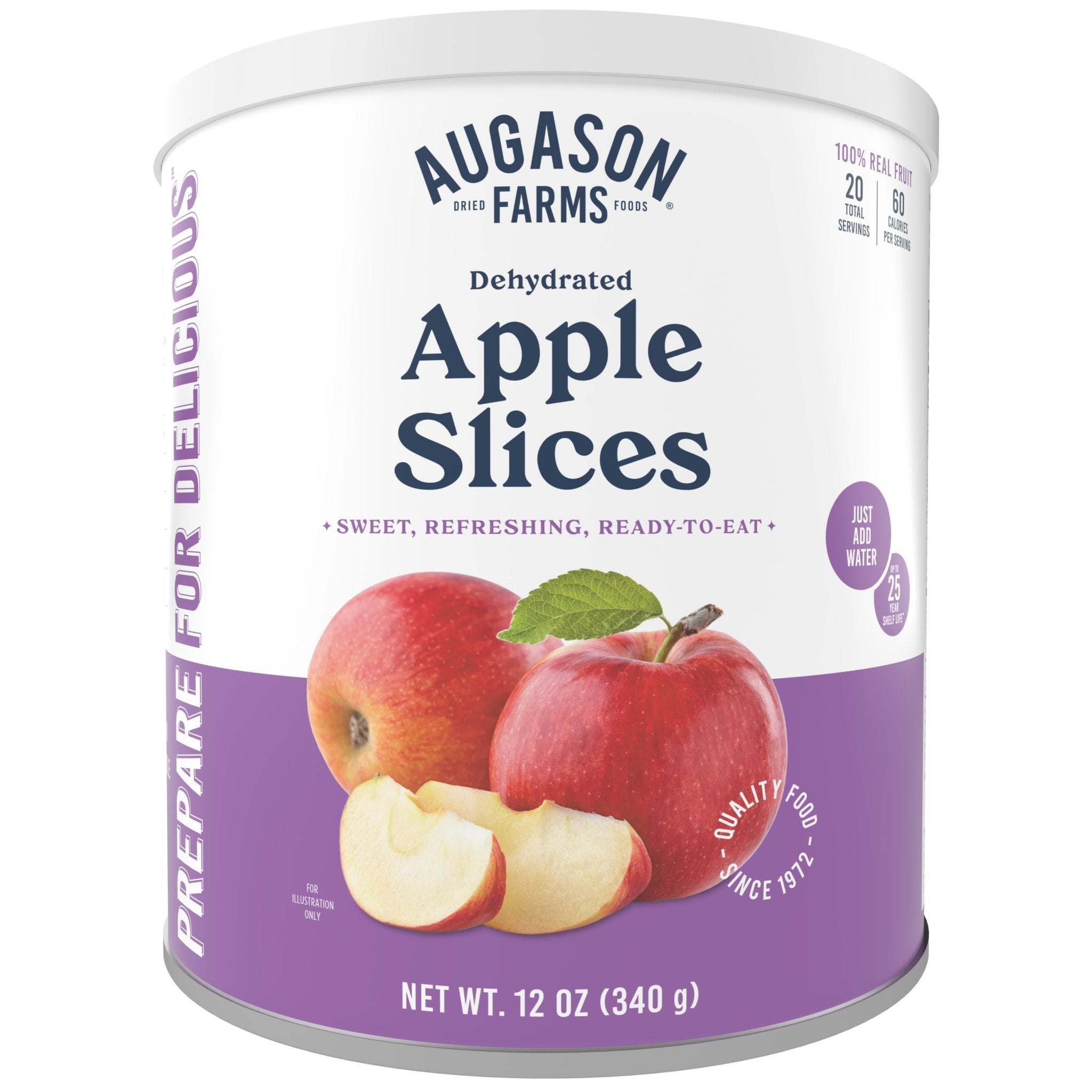 Can of Augason Farms dehydrated apple slices for snacking and baking