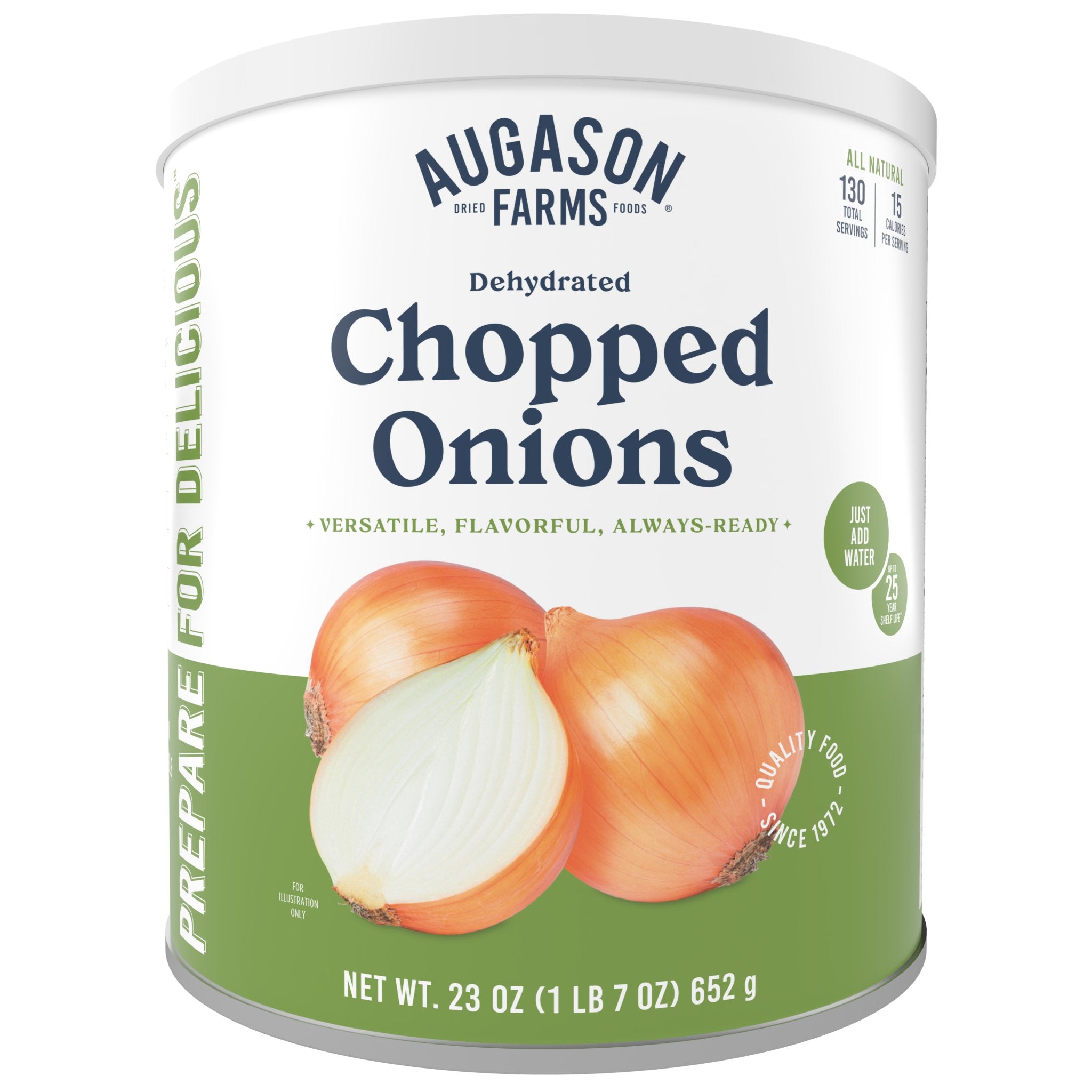 Augason Farms dehydrated chopped onions can with 130 servings for easy, long-lasting onion flavor in recipes