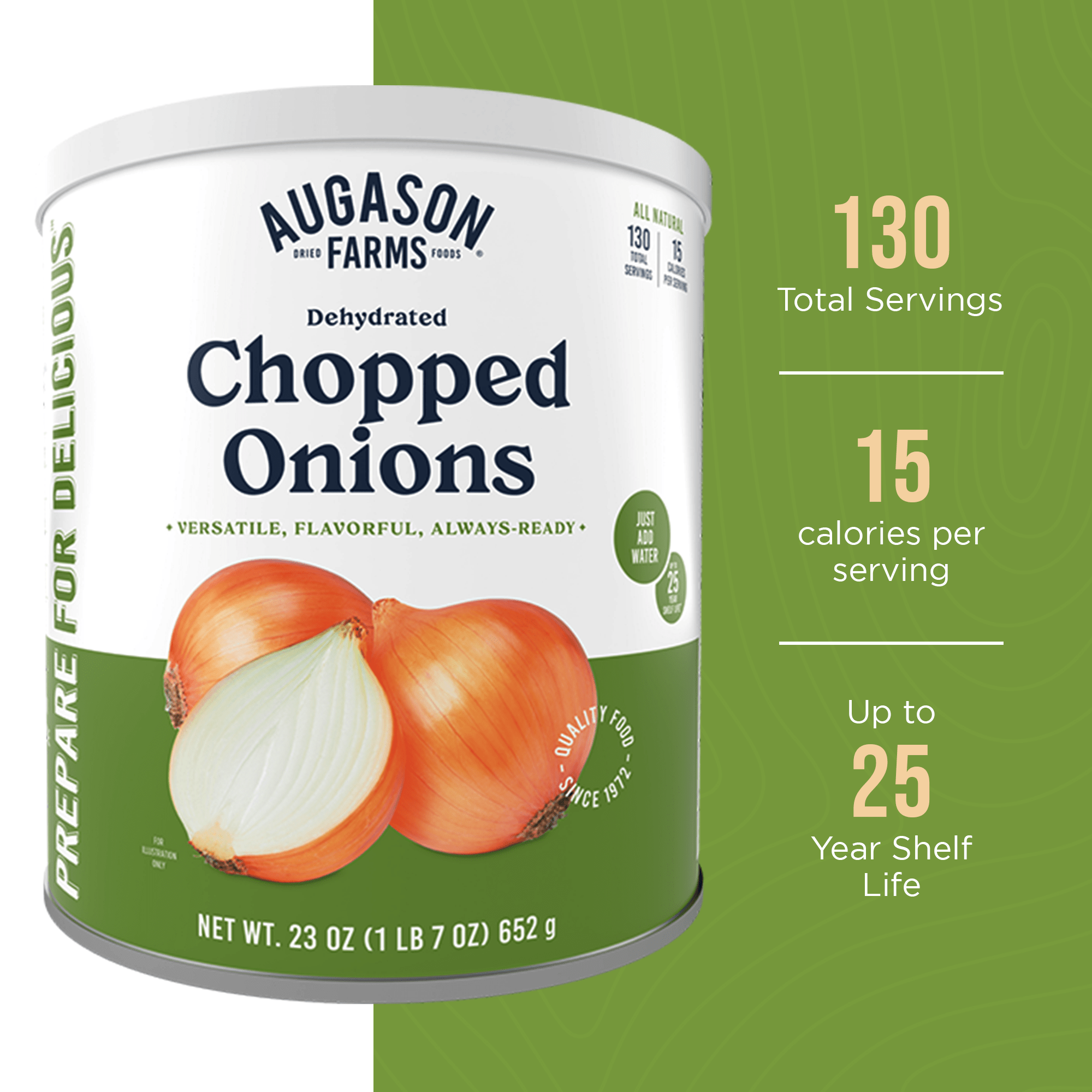 Can of Augason Farms dehydrated chopped onions with 130 servings for long-term storage and easy cooking