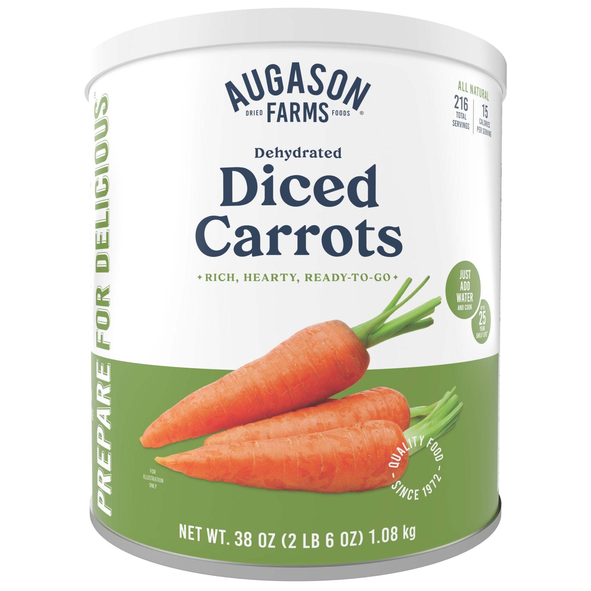 Can of Augason Farms dehydrated diced carrots for cooking and long-term storage