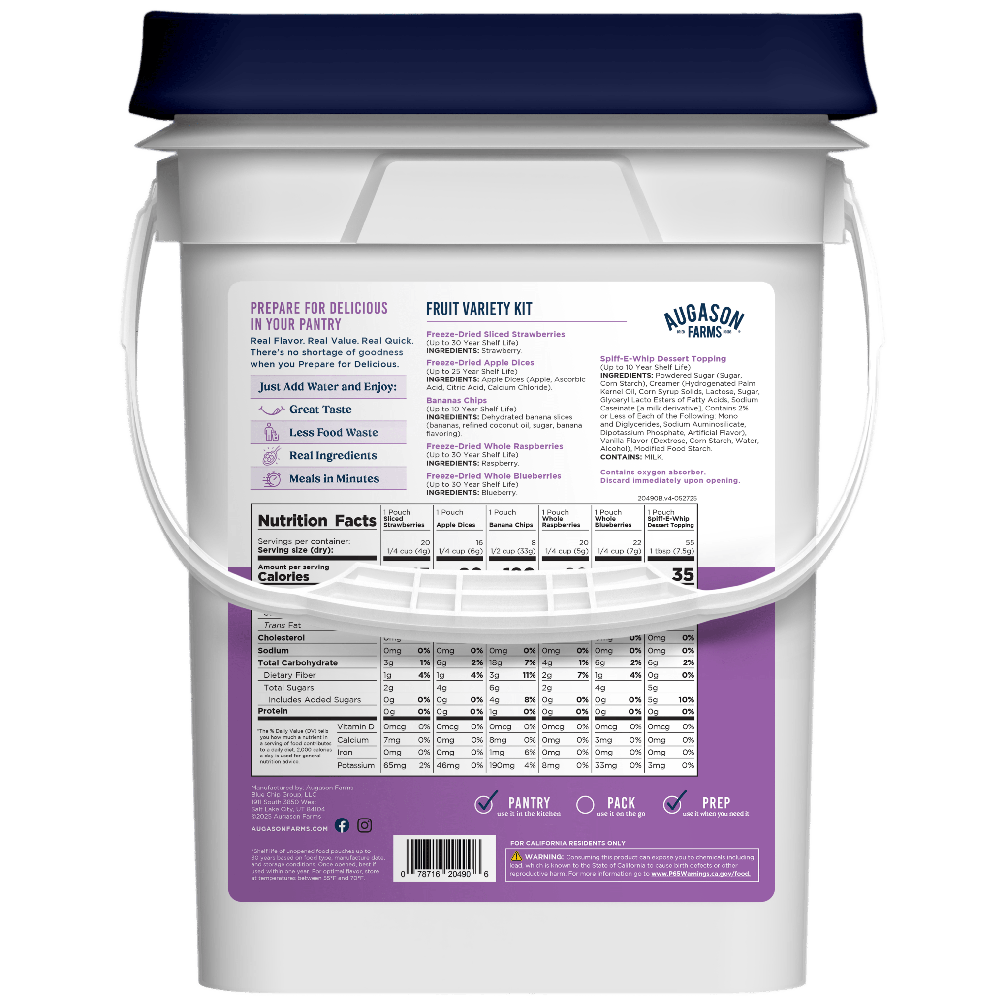 Augason Farms Dehydrated & Freeze Dried Fruit Variety Pail, 86 Servings Dehydrated & Freeze Dried Fruit Variety Pail - 86 Servings for Snacks