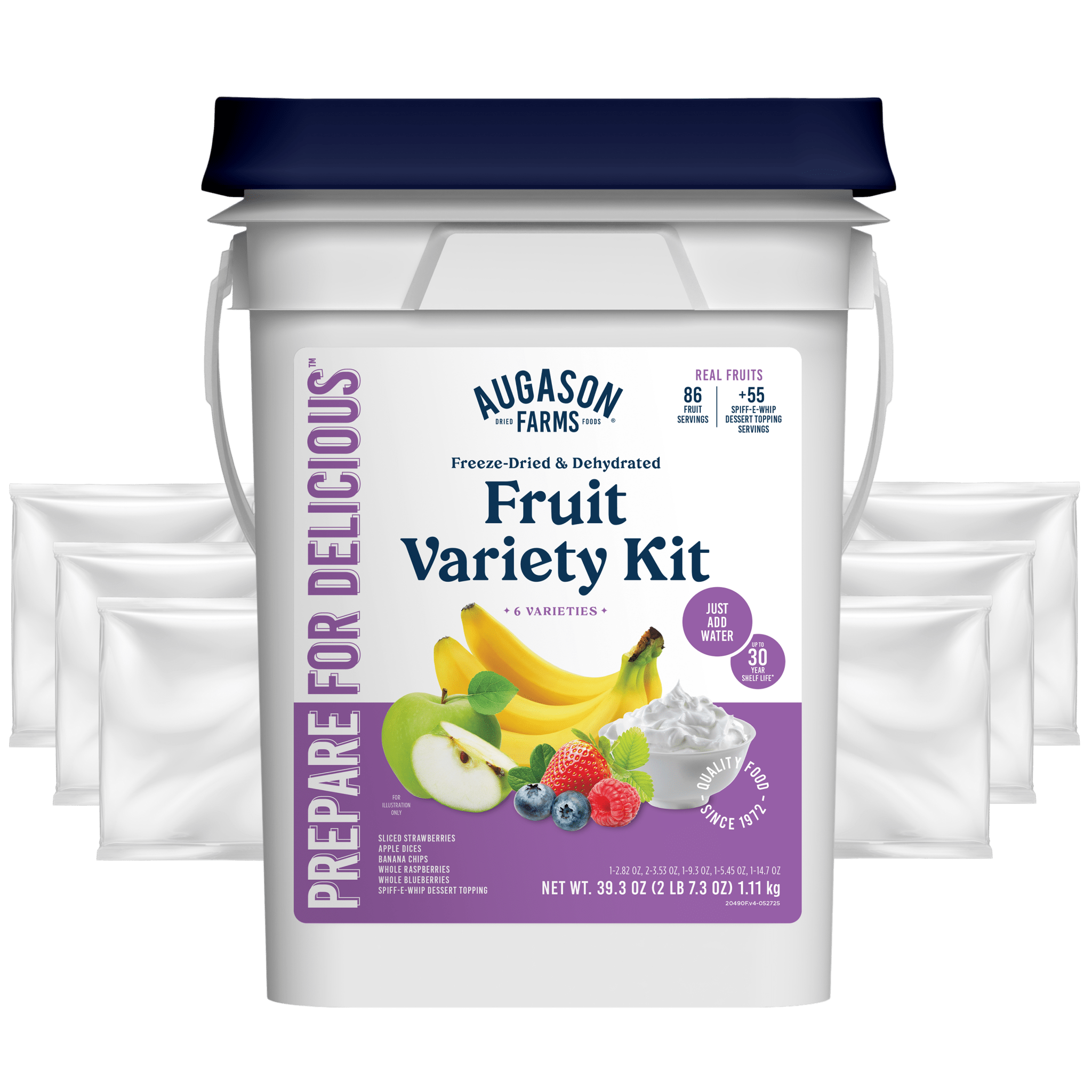 Dehydrated and freeze dried fruit variety pail with mixed fruits and dessert topping for smoothies and snacks
