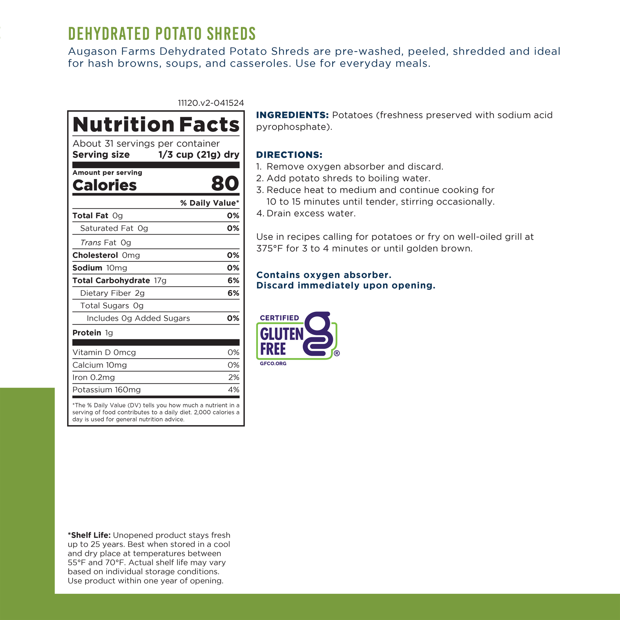 Dehydrated Potato Shreds Can, 31 Servings