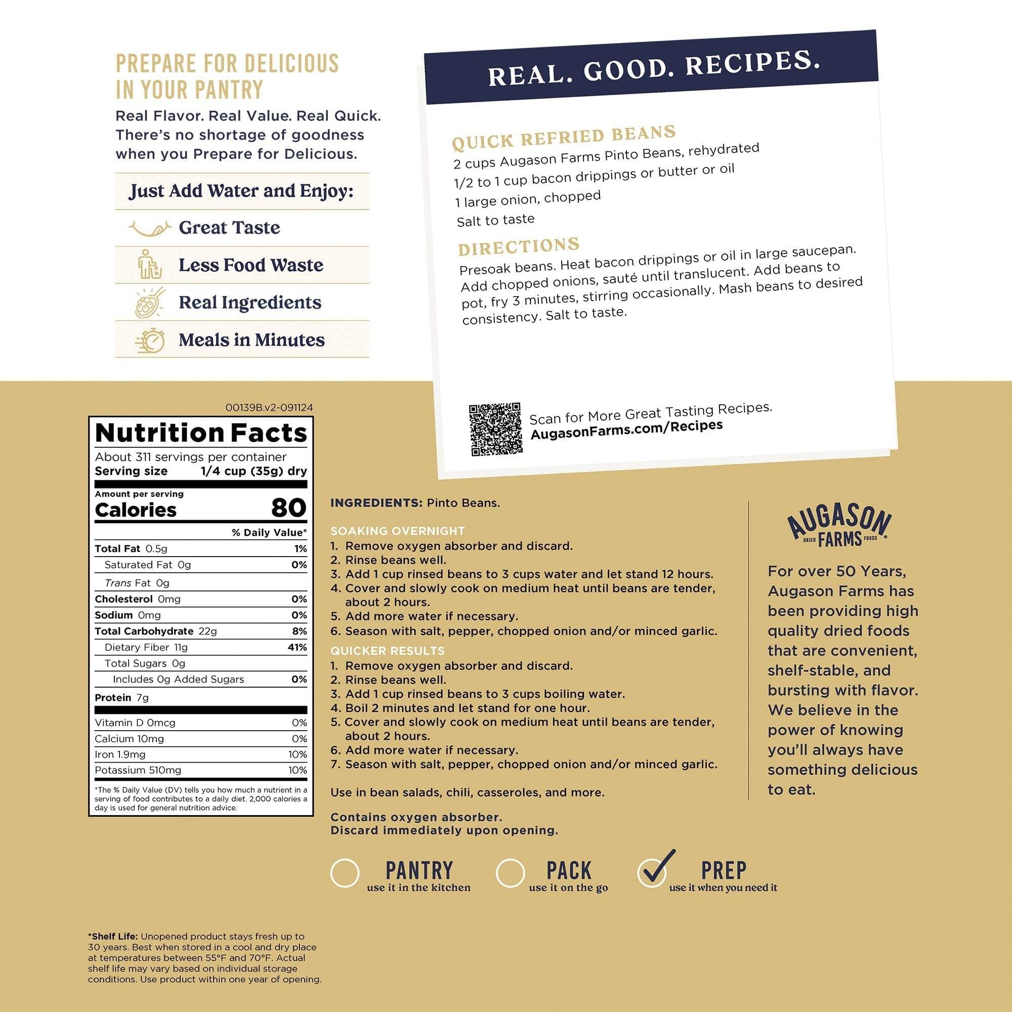 Augason Farms Dried Pinto Beans 4 Gallon Pail, 311 Servings Dried Pinto Beans 4 Gallon Pail - Bulk Nutrient-Rich Food Storage