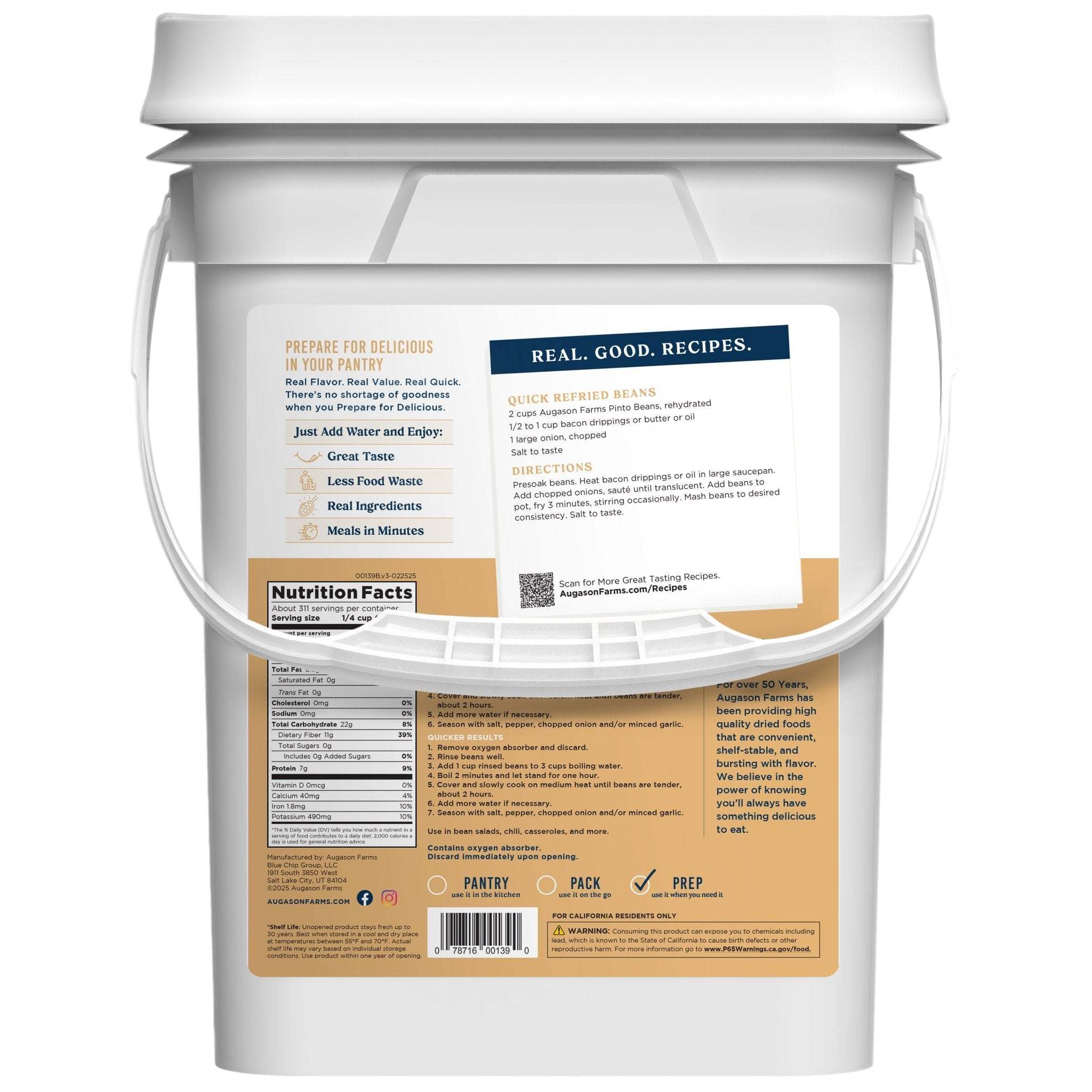 4 gallon pail of dried pinto beans with 311 servings for emergency preparedness and cooking