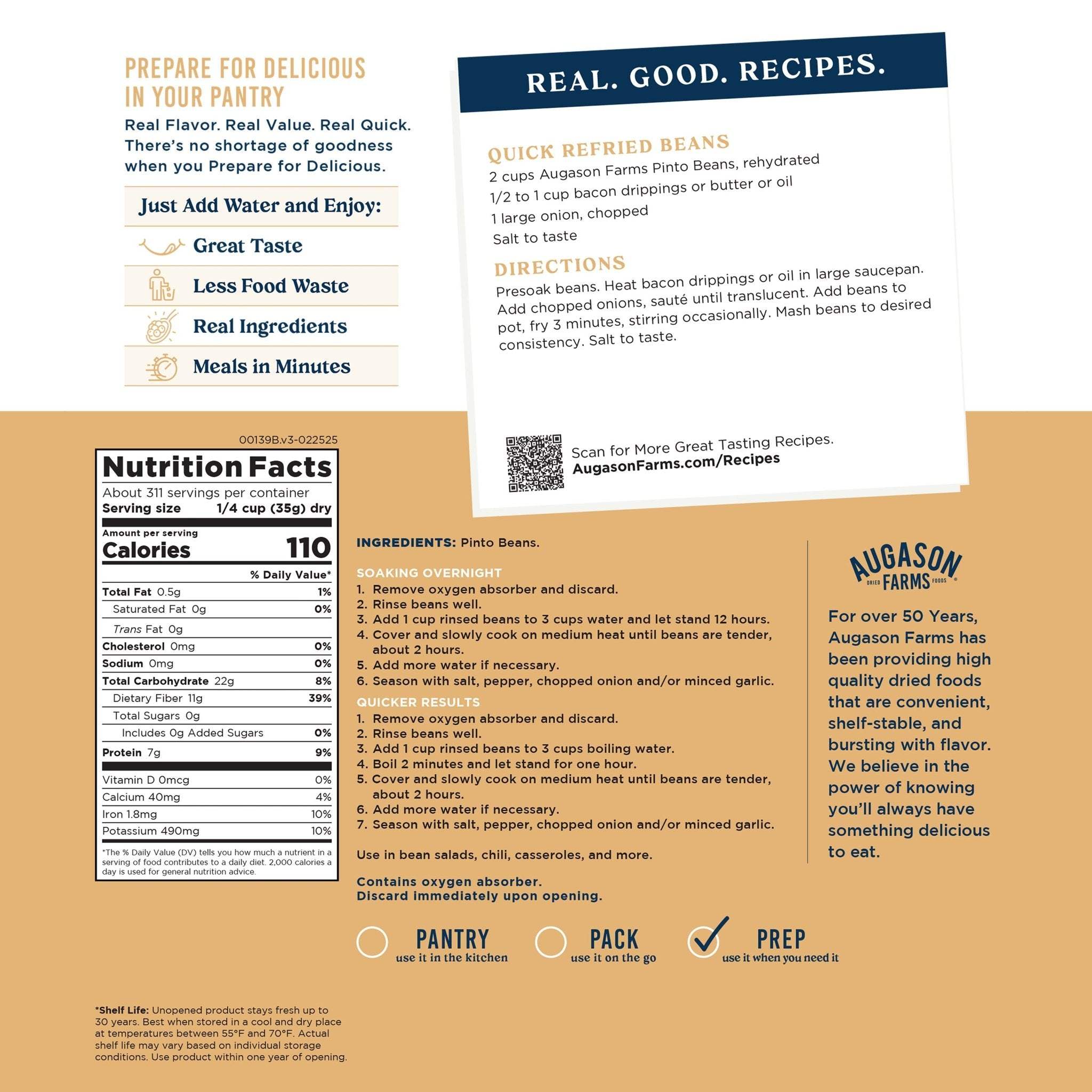 4-gallon pail of dried pinto beans with nutrition and preparation info visible
