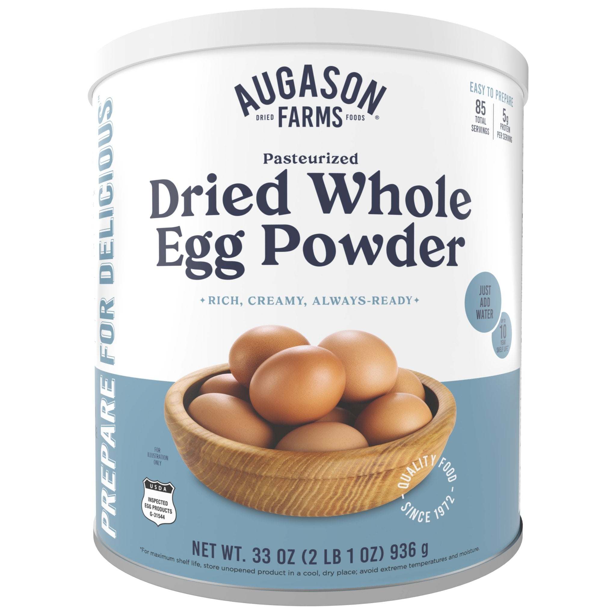 Can of pasteurized dried whole egg powder with label showing 85 servings for baking and cooking use