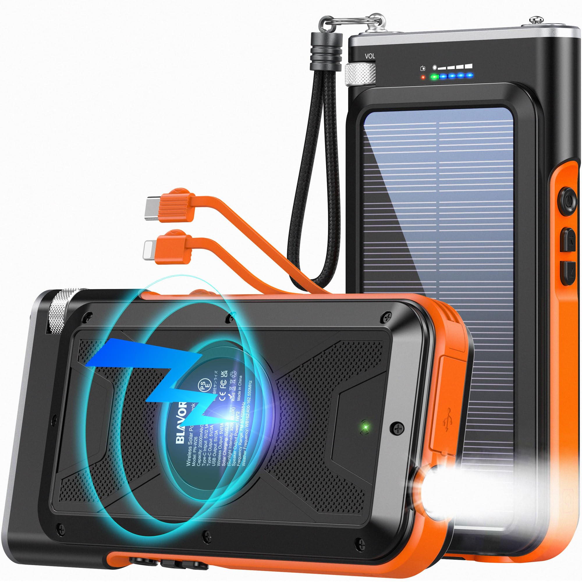 BLAVOR Solar Power Bank 20000mAh with solar panel, wireless charging, LED flashlight, and built-in cables for outdoor use
