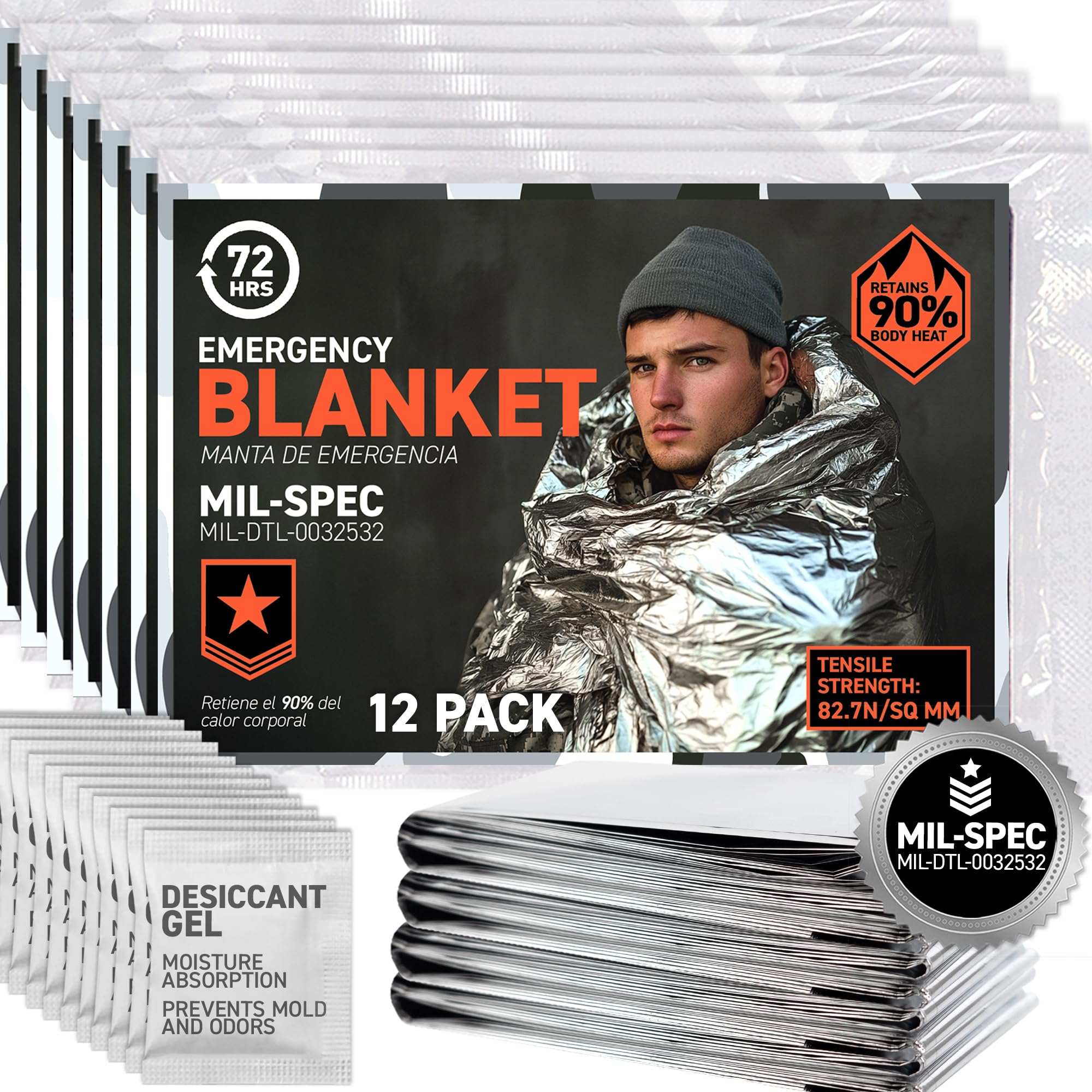 12-pack of 72 HRS emergency Mylar thermal blankets for survival and outdoor use