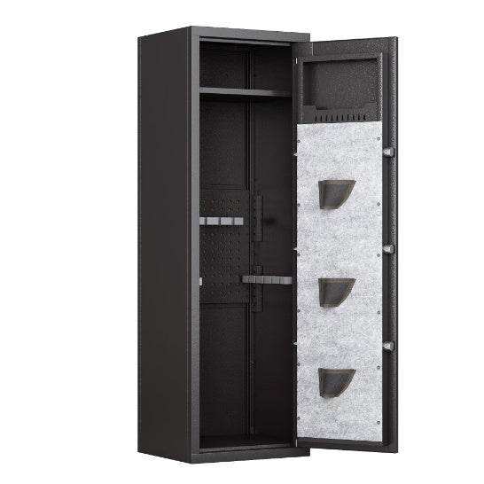 Large biometric gun safe with three pistol pouches and adjustable stand in black metal finish