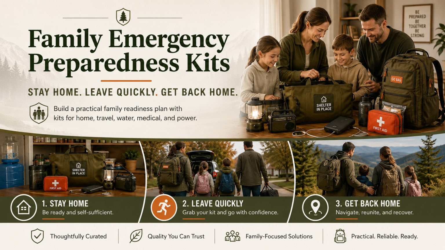 Family emergency preparedness kits for stay home, leave quickly, and get back home planning