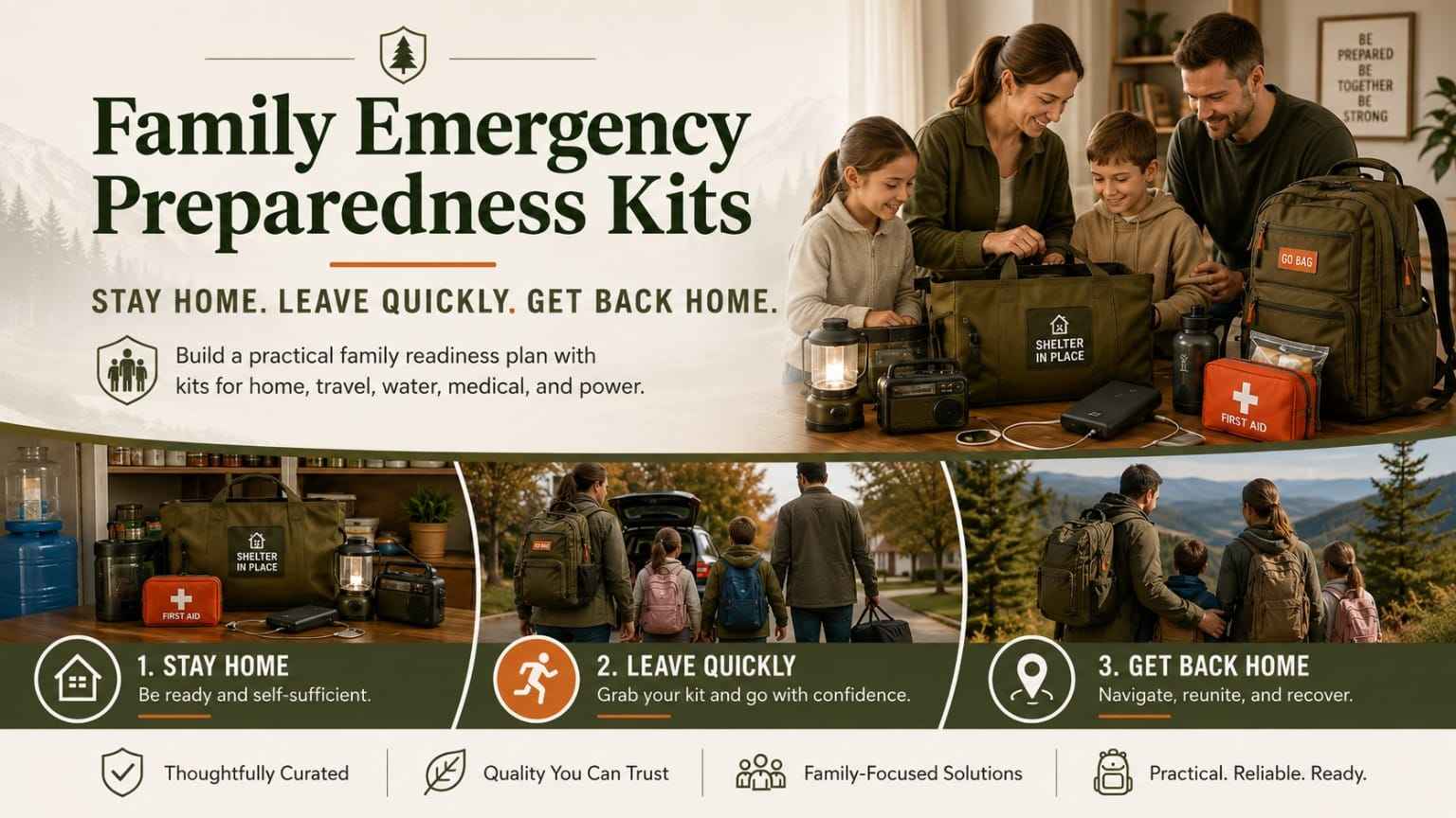 Family emergency preparedness kits for stay home, leave quickly, and get back home planning