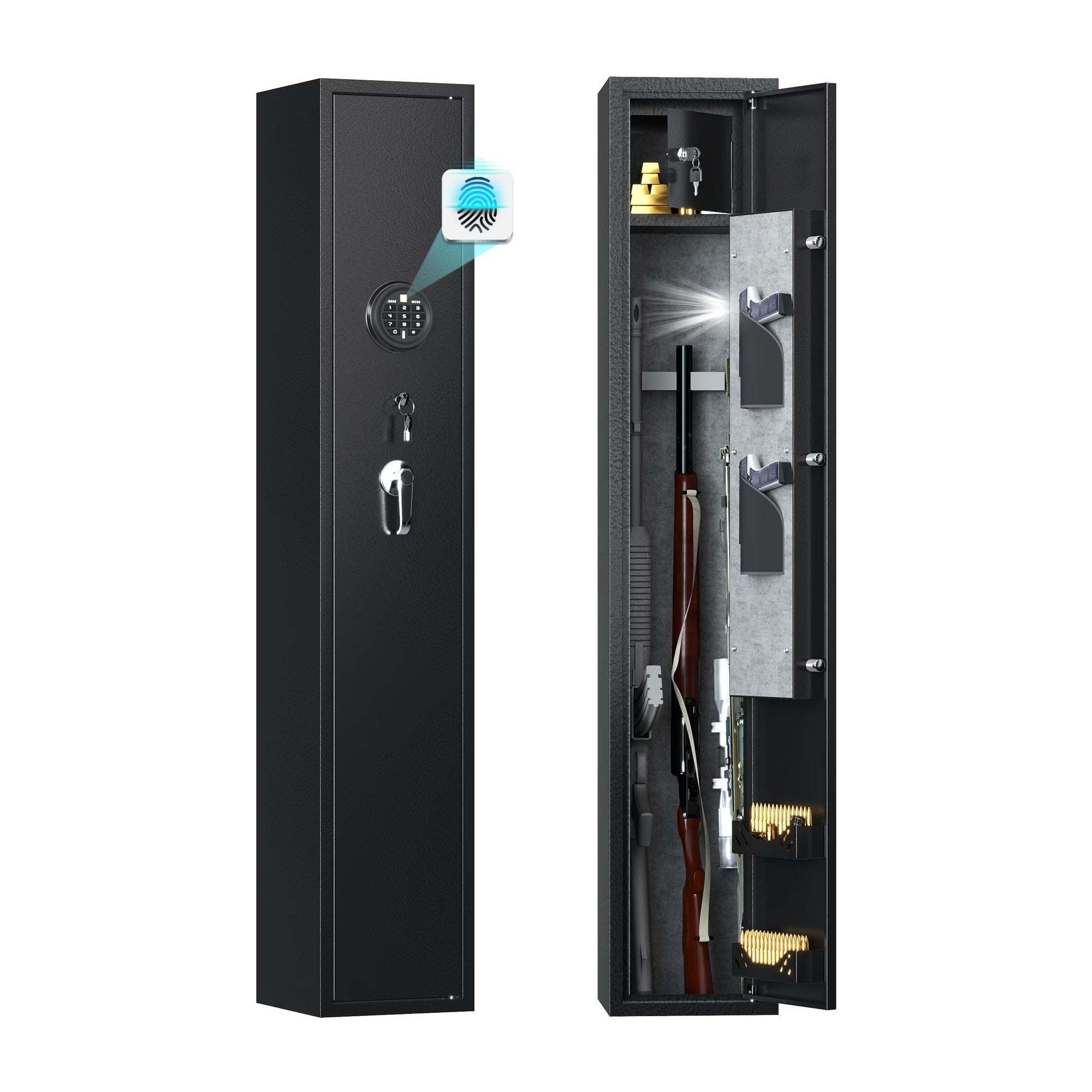 Black biometric home rifle and pistols gun safe with LED light, alarm, and removable shelf for quick access