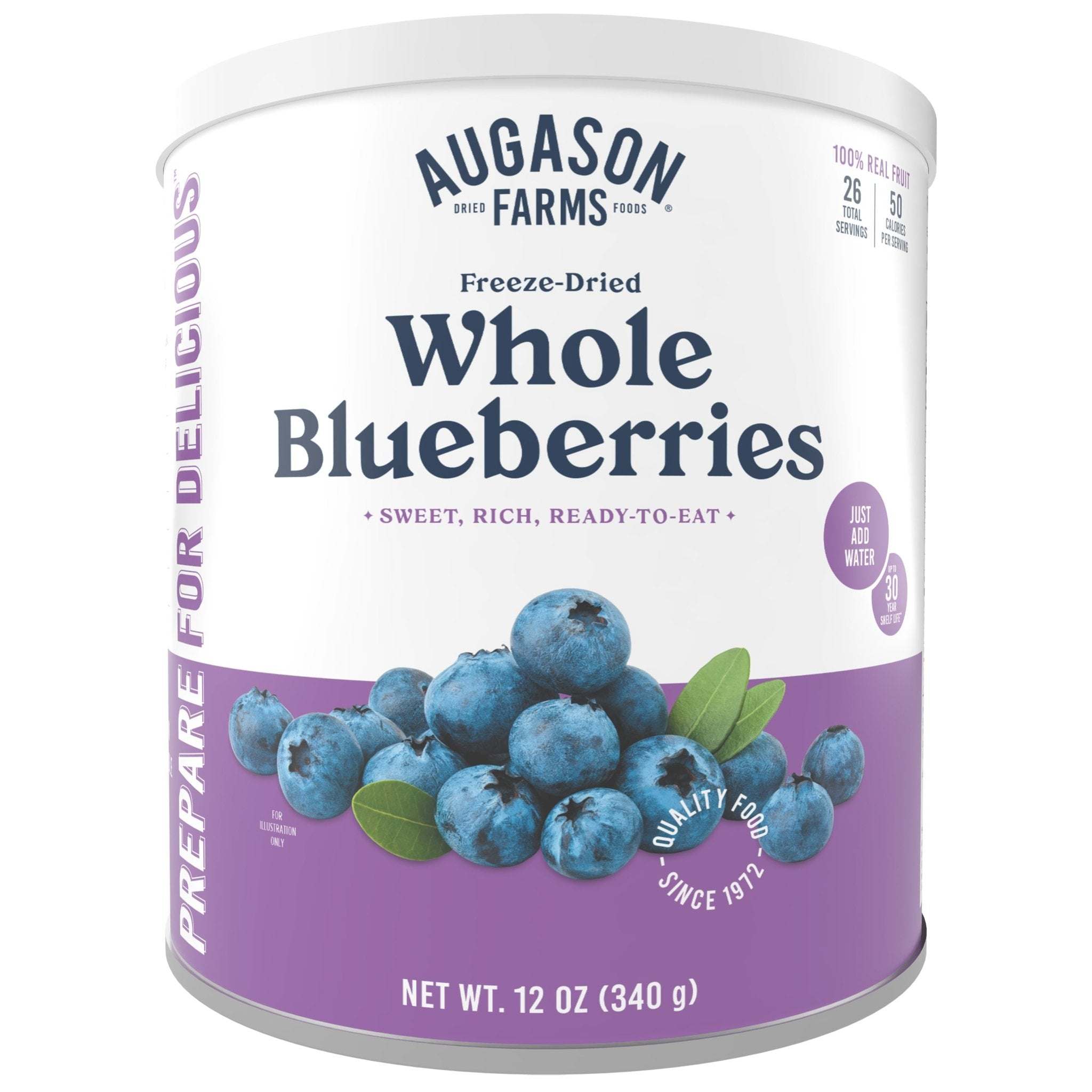 Can of Augason Farms freeze dried blueberries, 26 servings, nutrient-rich snack and baking ingredient