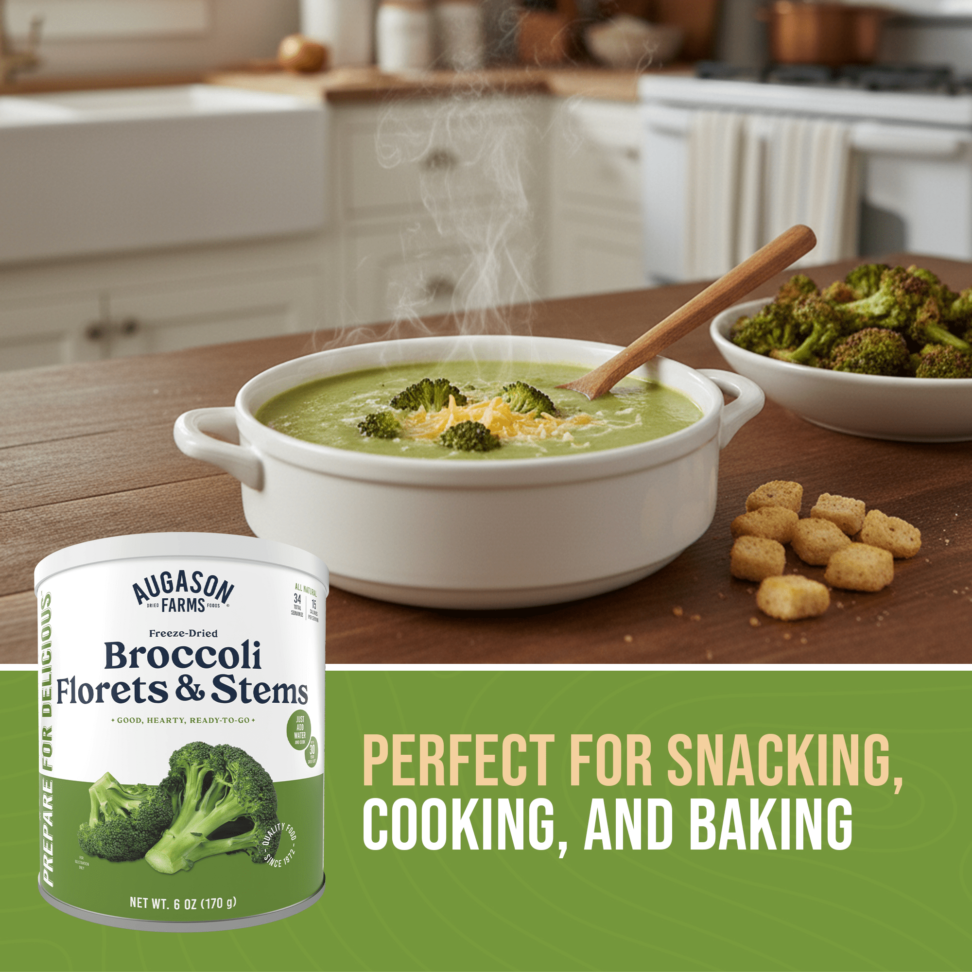 Can of Augason Farms freeze dried broccoli florets and stems for 34 servings