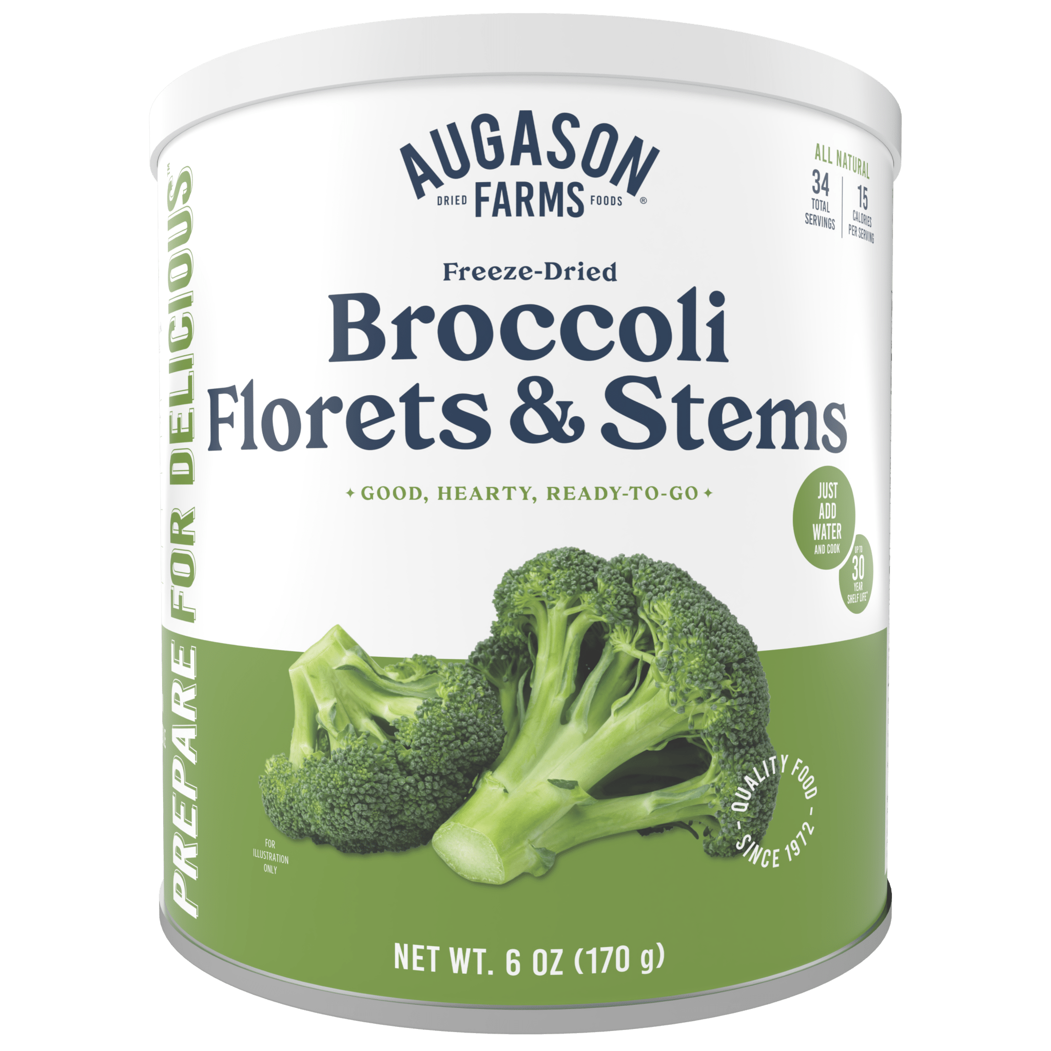 Augason Farms freeze dried broccoli florets and stems can for emergency food storage