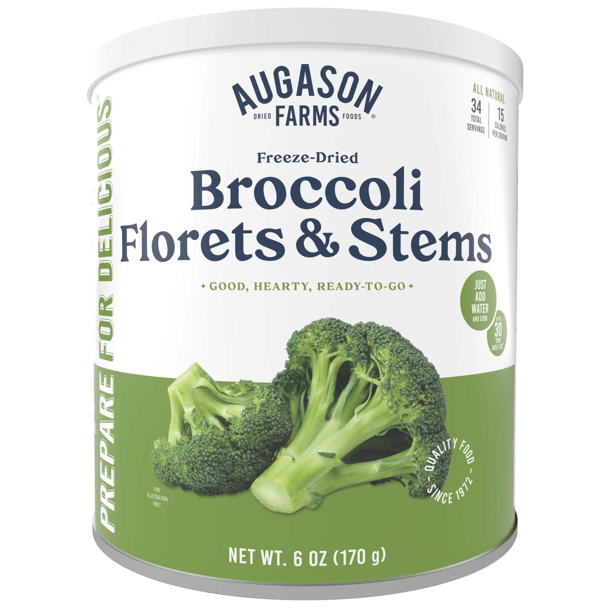 Can of Augason Farms freeze dried broccoli florets and stems for long-term storage