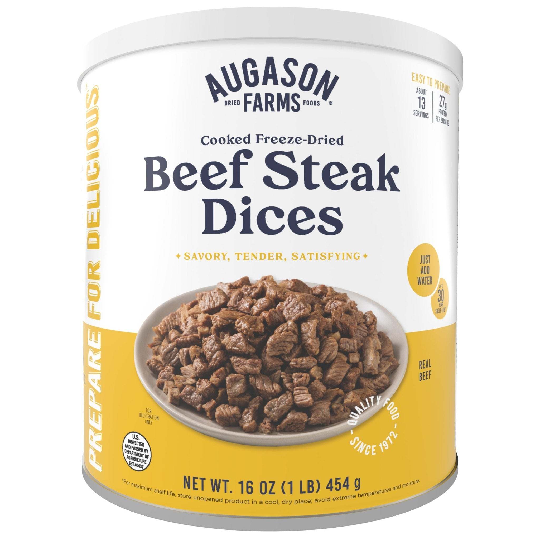 Can of Augason Farms cooked freeze-dried frozen beef dices for easy meal preparation