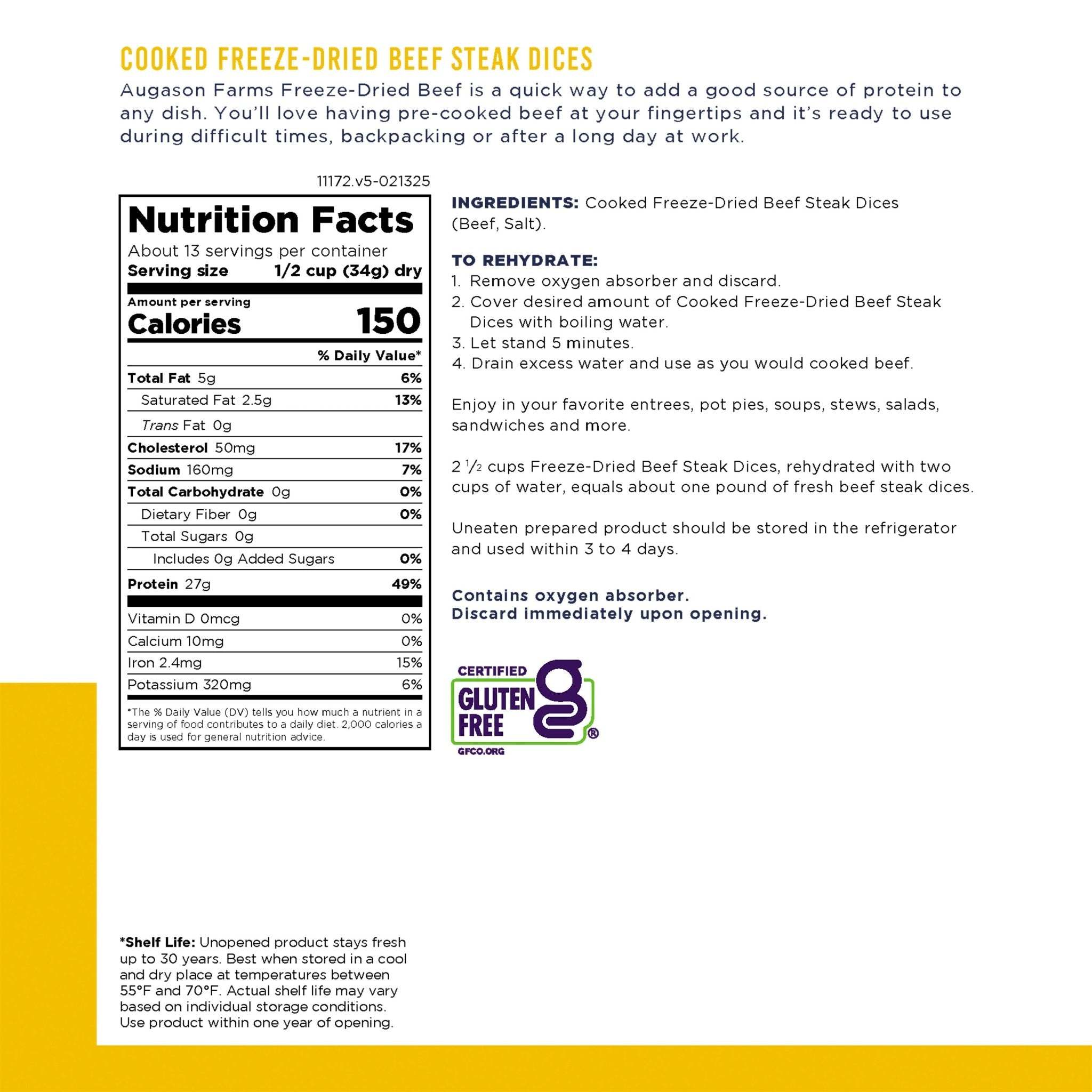 Can of cooked freeze-dried beef steak dices for easy meal prep and emergency food storage