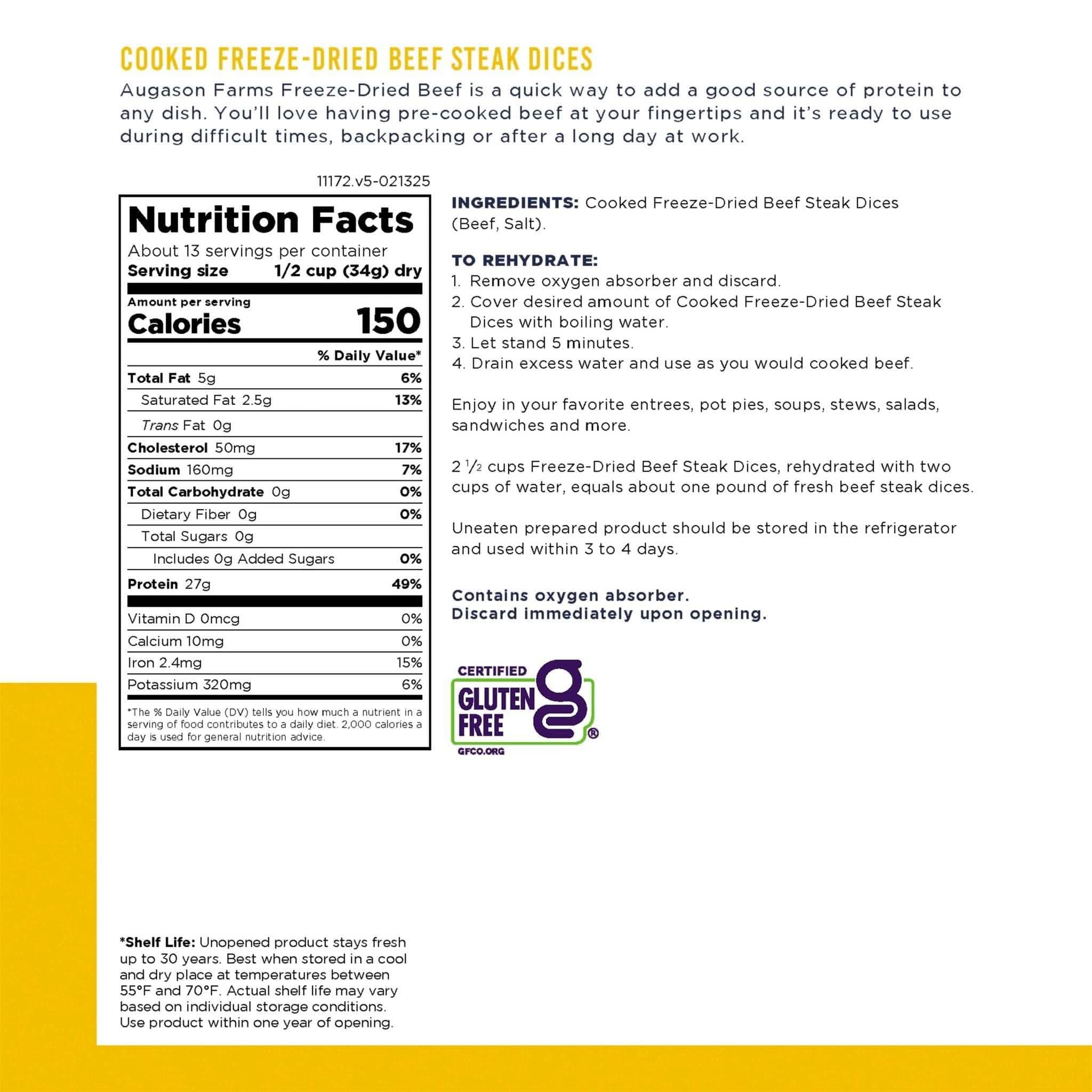 Augason Farms Cooked Freeze Dried Beef Steak Dices Can, 13 Servings Frozen Beef Dices - Ready-to-Use Freeze Dried Steak Can, 13 Servings