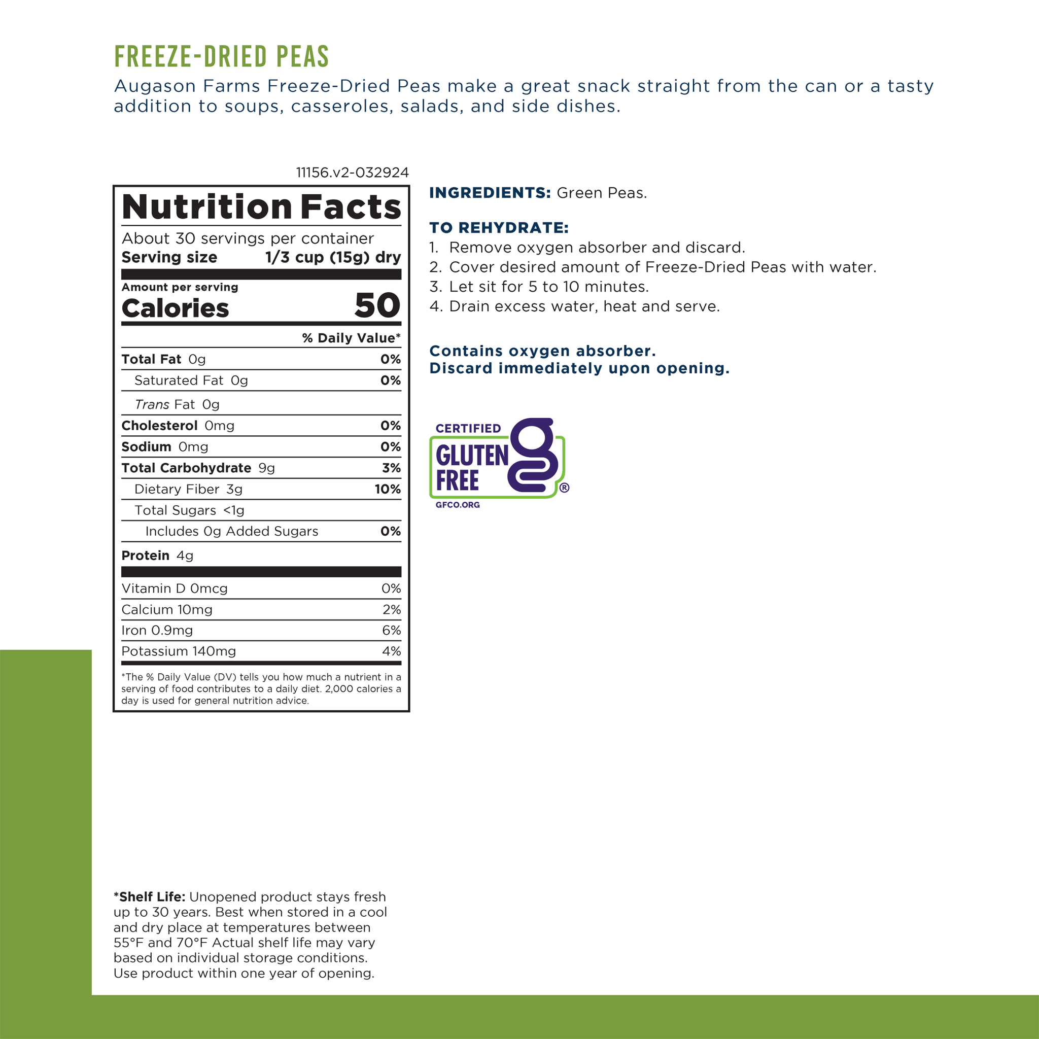 Freeze Dried Peas Can, 30 Servings