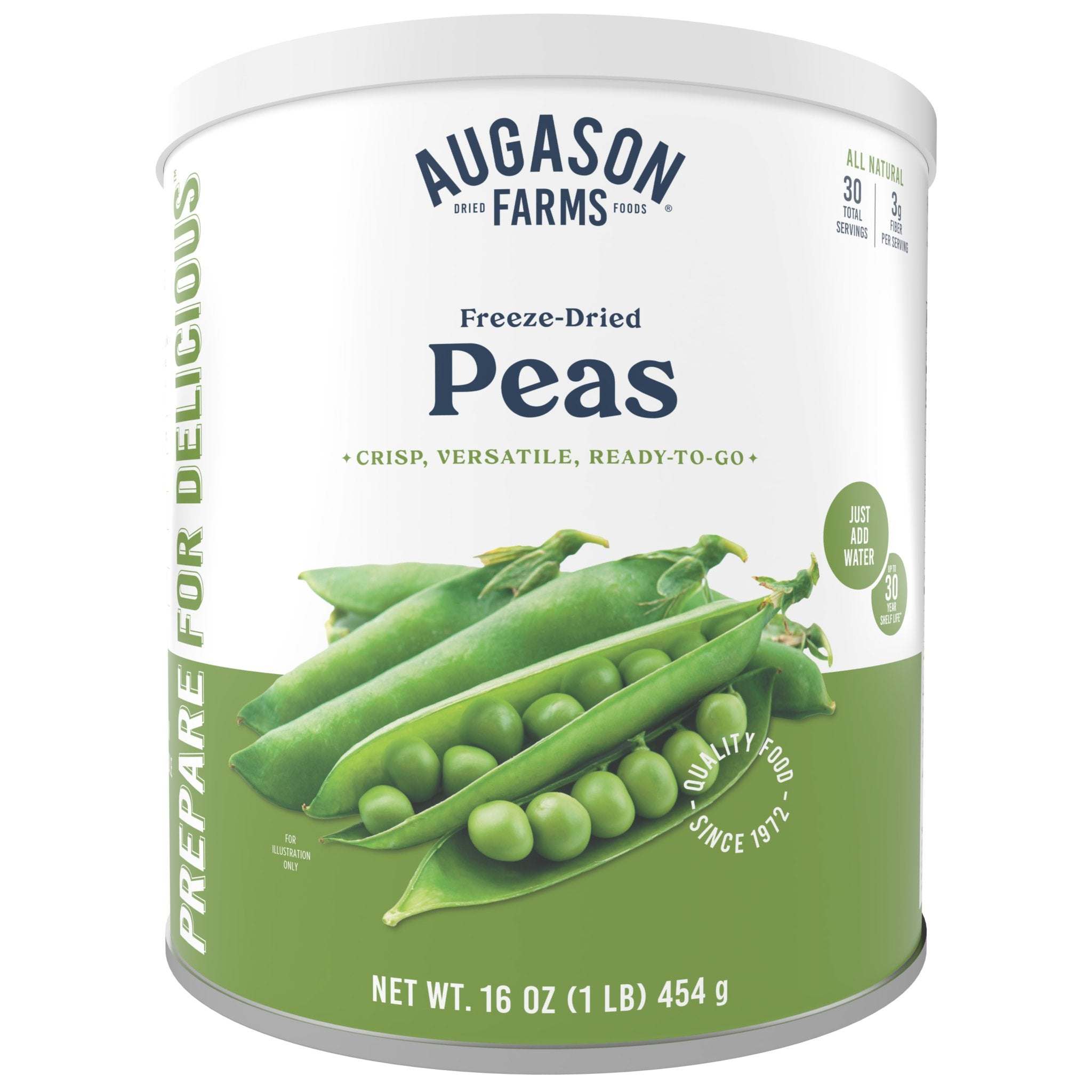 Can of Augason Farms freeze dried peas with 30 servings, ideal for snacks and cooking