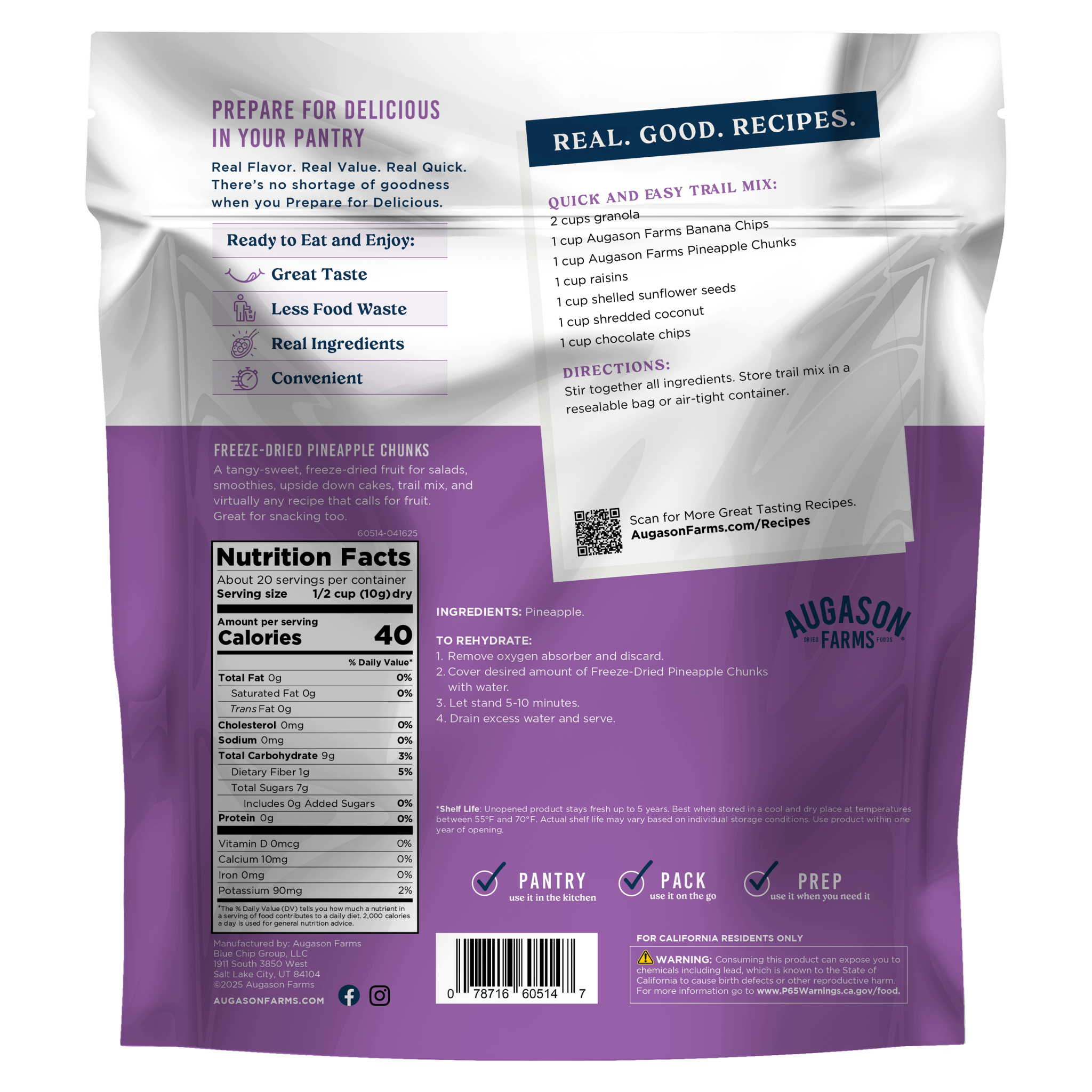 Freeze Dried Pineapple Chunks Family Size Pouch, 20 Servings