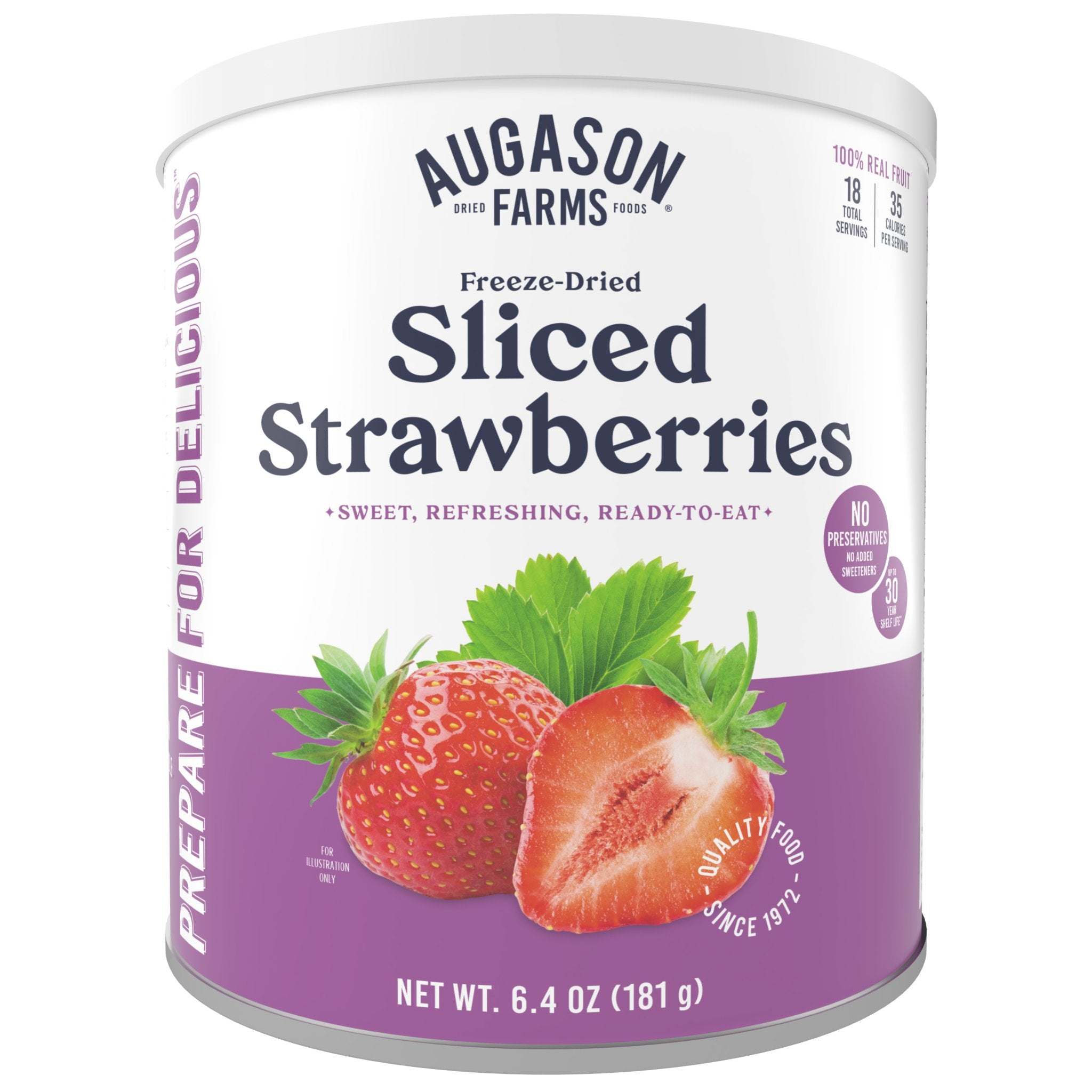 Augason Farms freeze dried sliced strawberries can with 18 servings, natural fruit snack with no preservatives, long shelf life, gluten-free