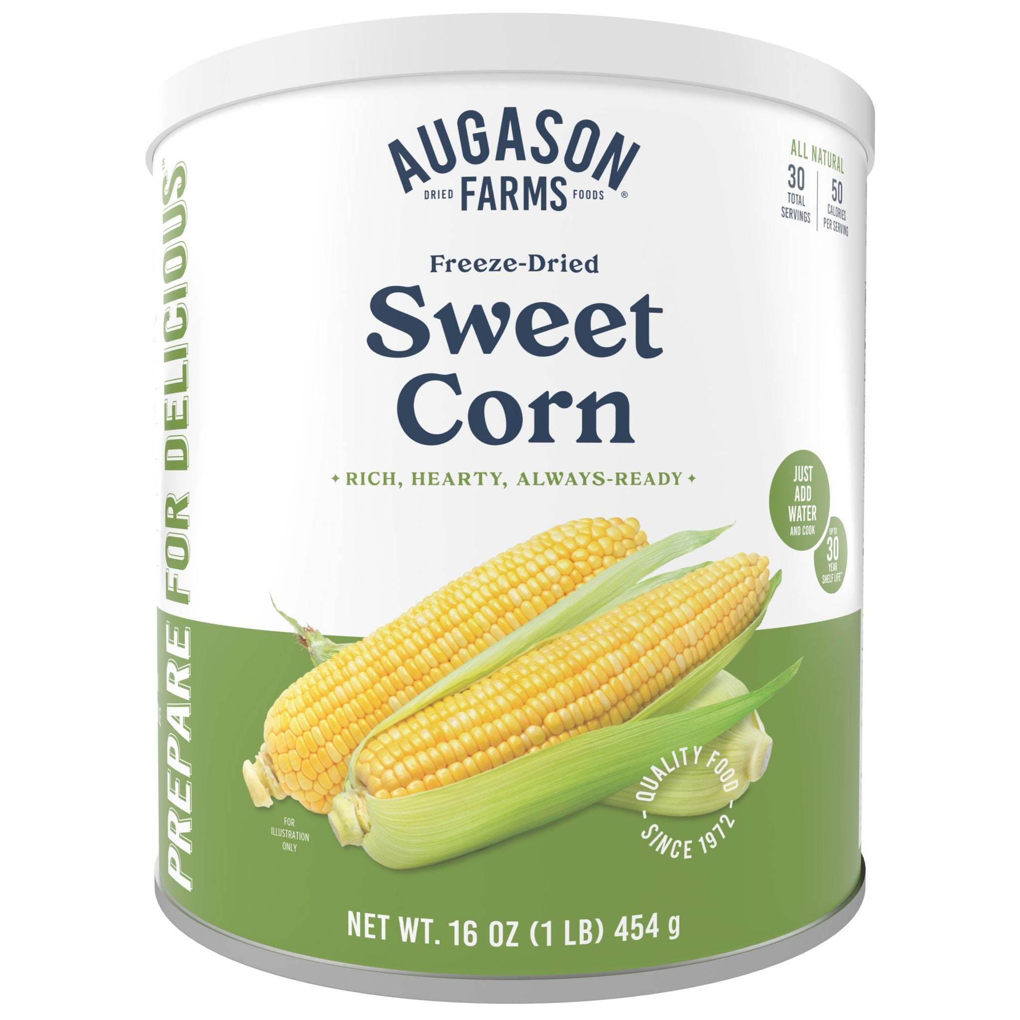 Can of Augason Farms freeze dried sweet corn, 30 servings, shelf-stable and gluten-free